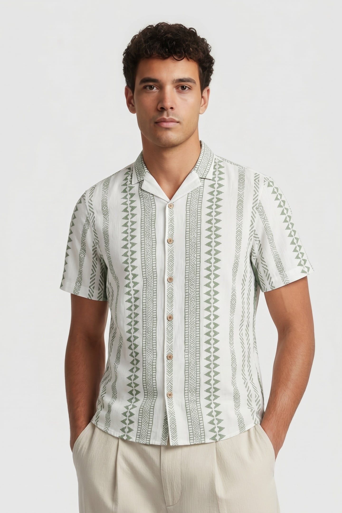 SHIRT SHORT SLEEVE REVERS COLLAR SLUB ALLOVER PRINTED GREEN 1