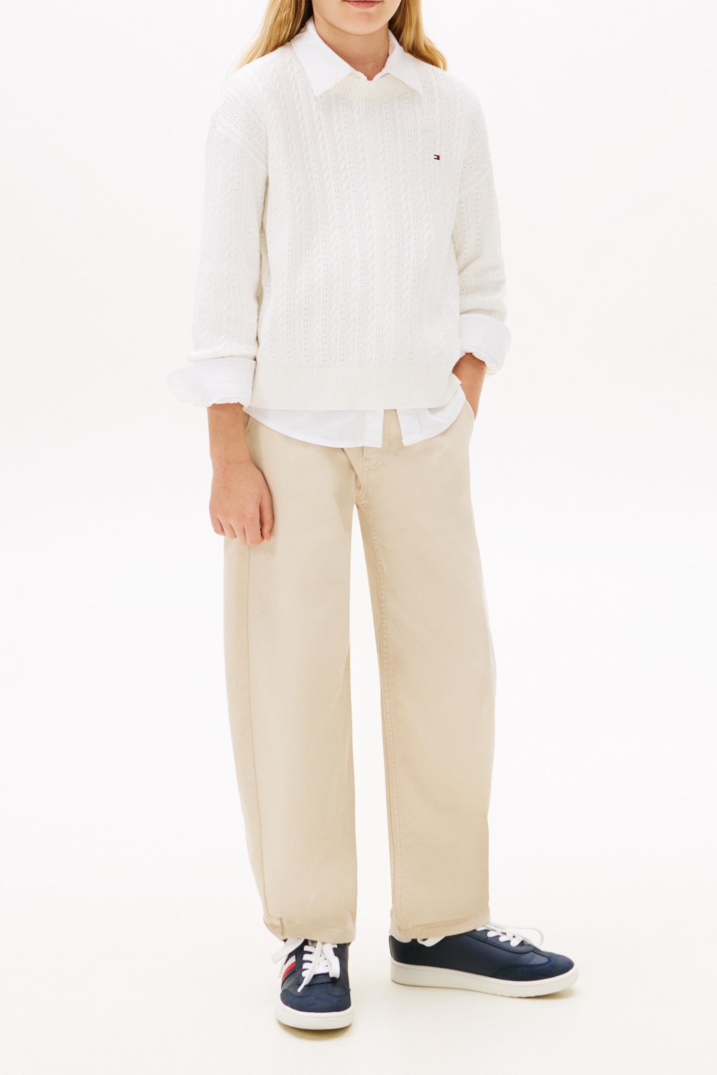 GIRLS POINTELLE CABLE SWEATER IVORY SILK 1