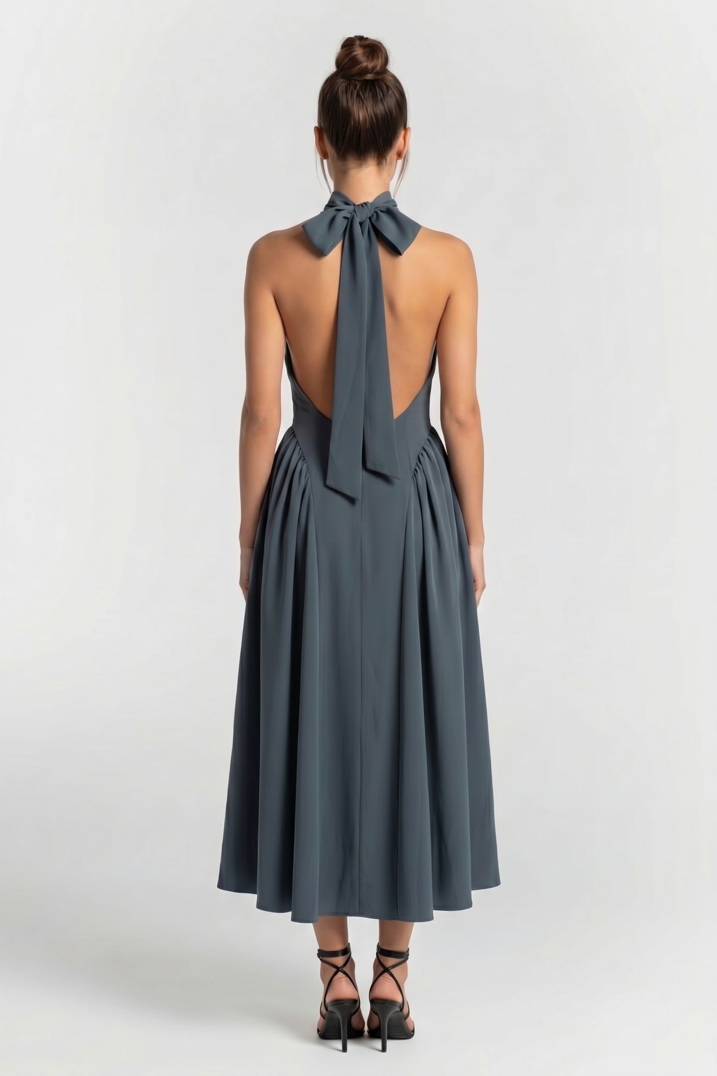 TIE NECK GATHERED MIDI DRESS TEAL 2