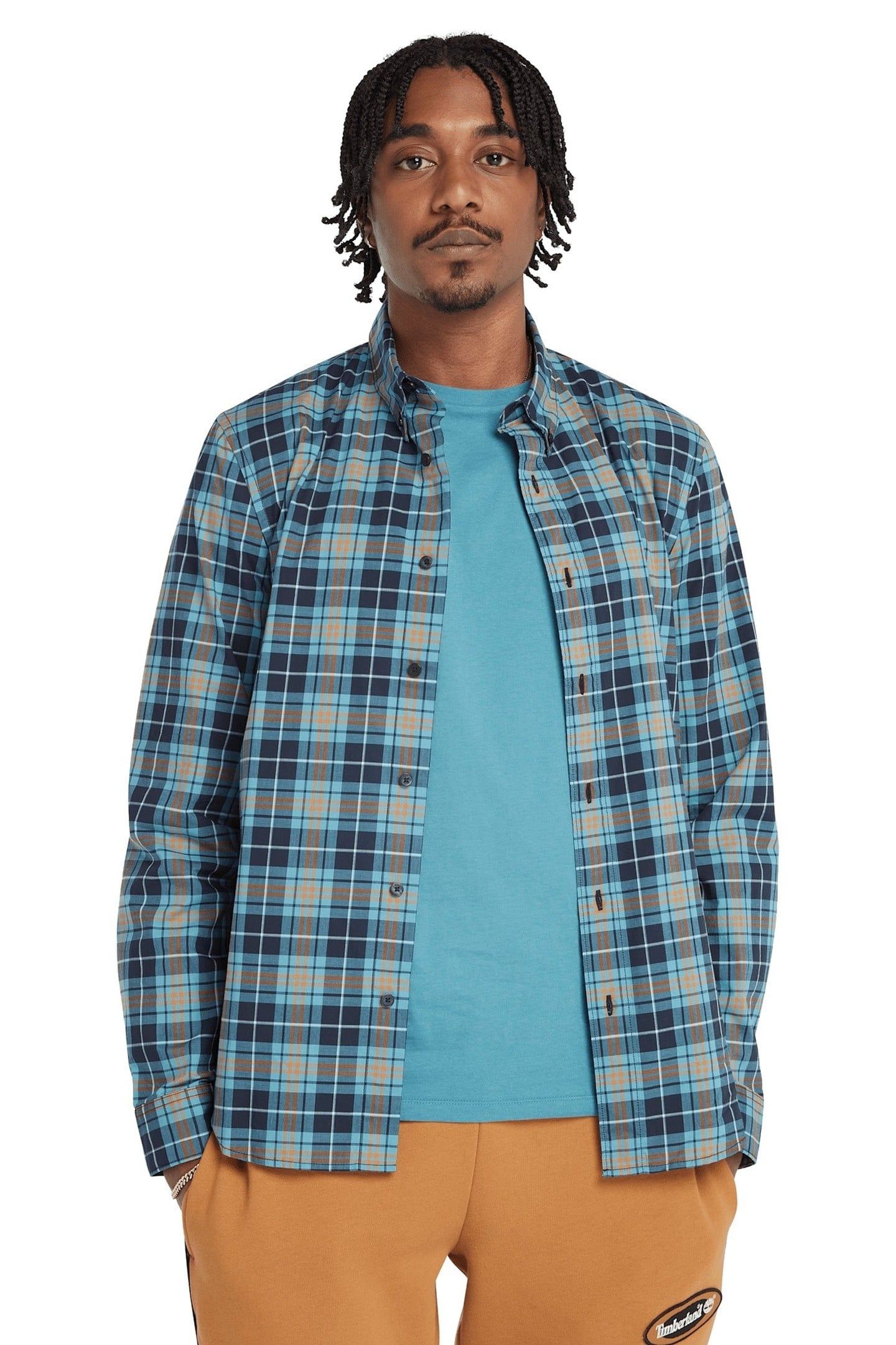LS STRETCH POPLIN TARTAN SHIRT SLIM STORM BLUE YD 1