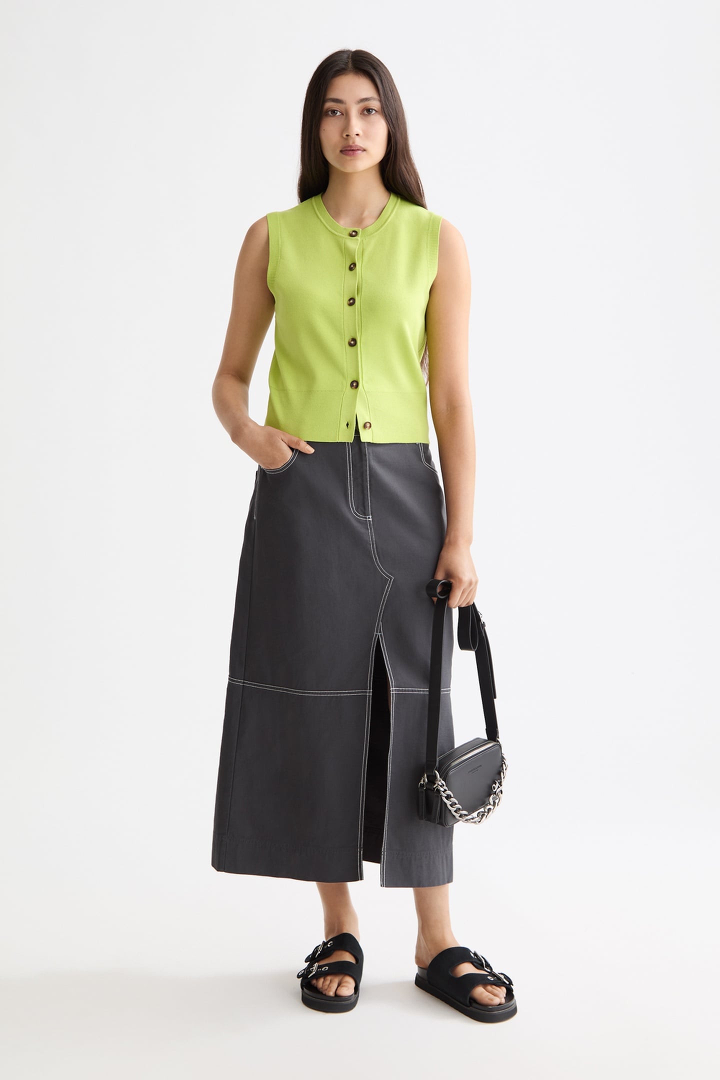 WORKWEAR MIDI SKIRT WITH FRONT SLIT CHARCOAL ART 1