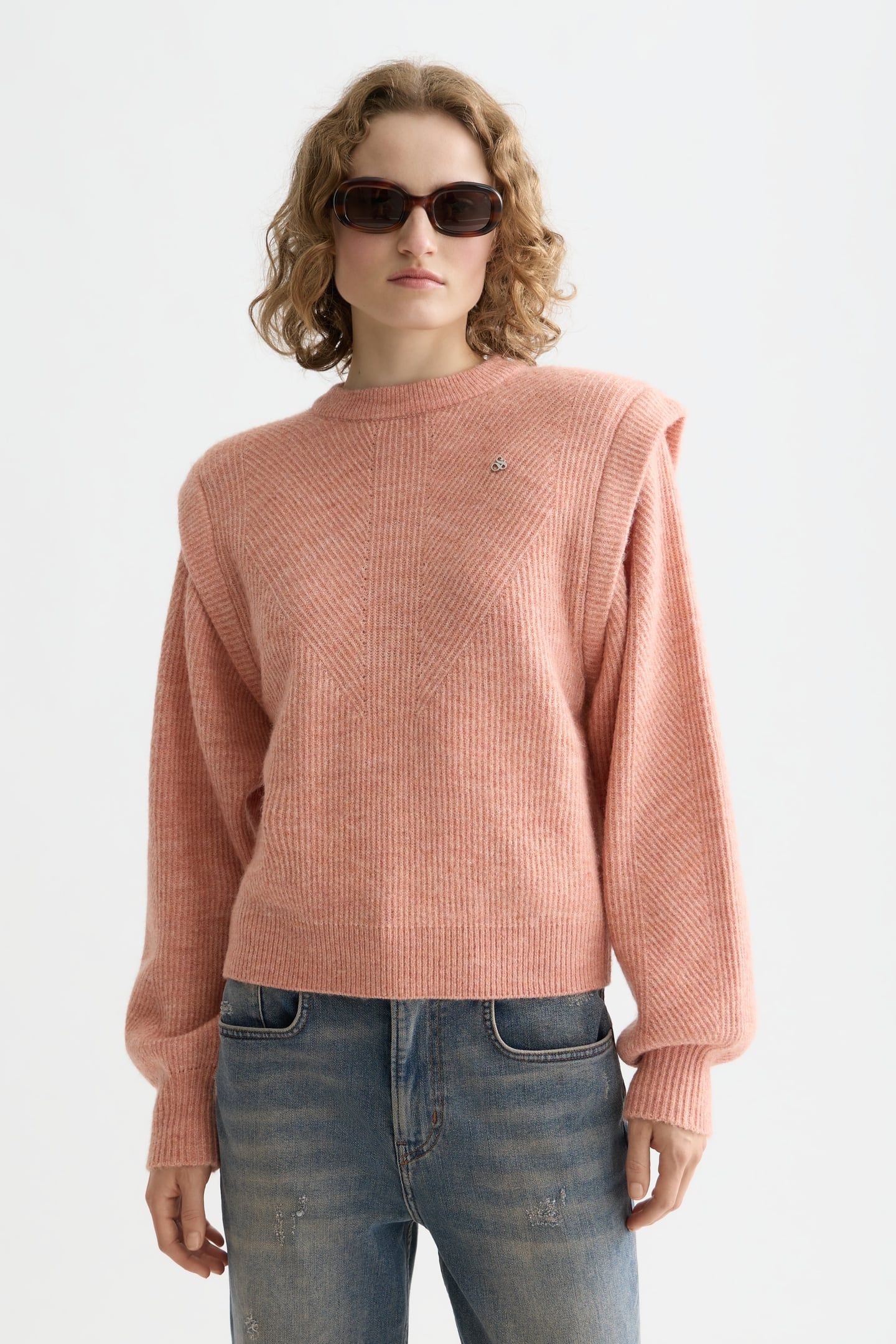SHOULDER DETAIL CREW NECK PULLOVER CORAL ALMOND MELANGE 1