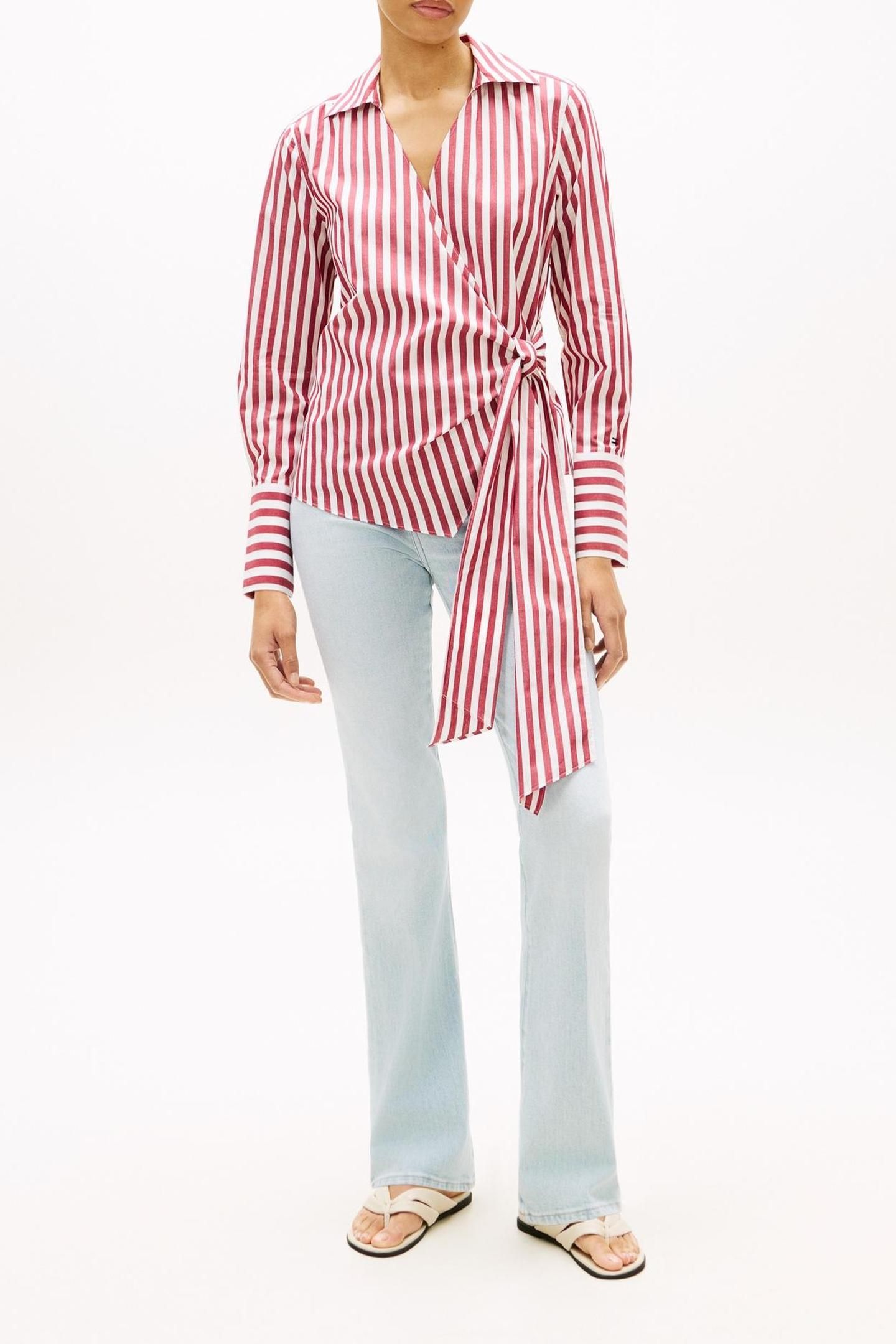 POPLIN KNOT BLOUSE WIDE BANKER STP ECRU LIBERTY RED 2