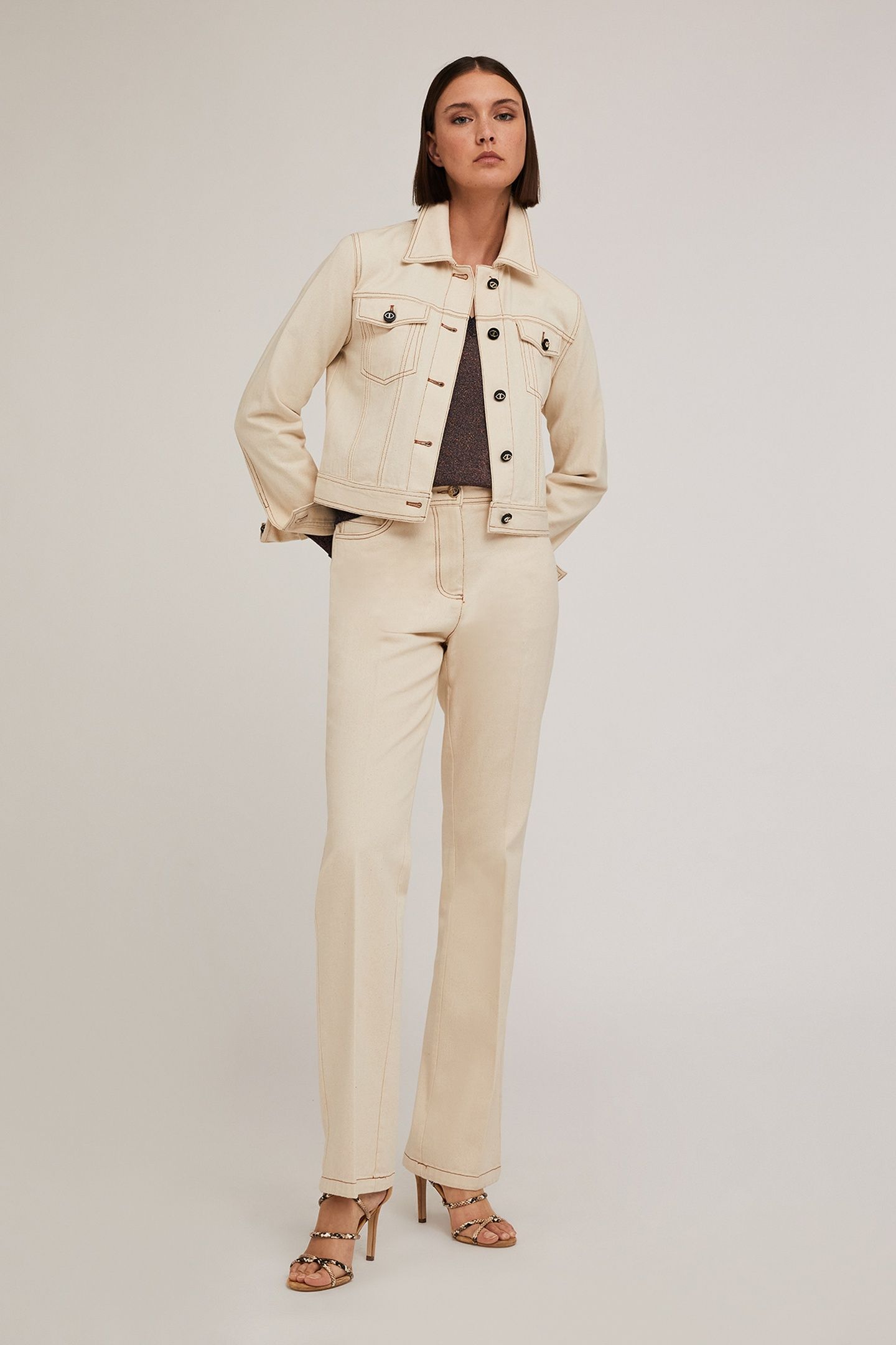DRILL FLARED TROUSERS WITH CONTRAST STITCHING BEIGE 3