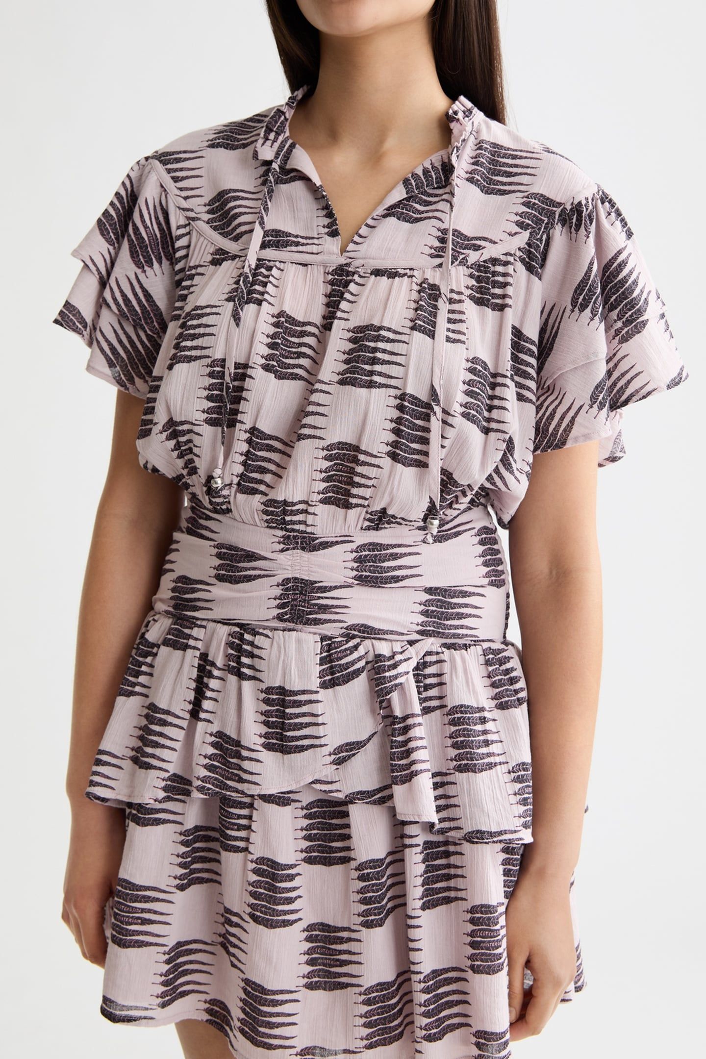 RUFFLED MINI DRESS WITH GATHERED WAIST FEATHER BLOCK 1