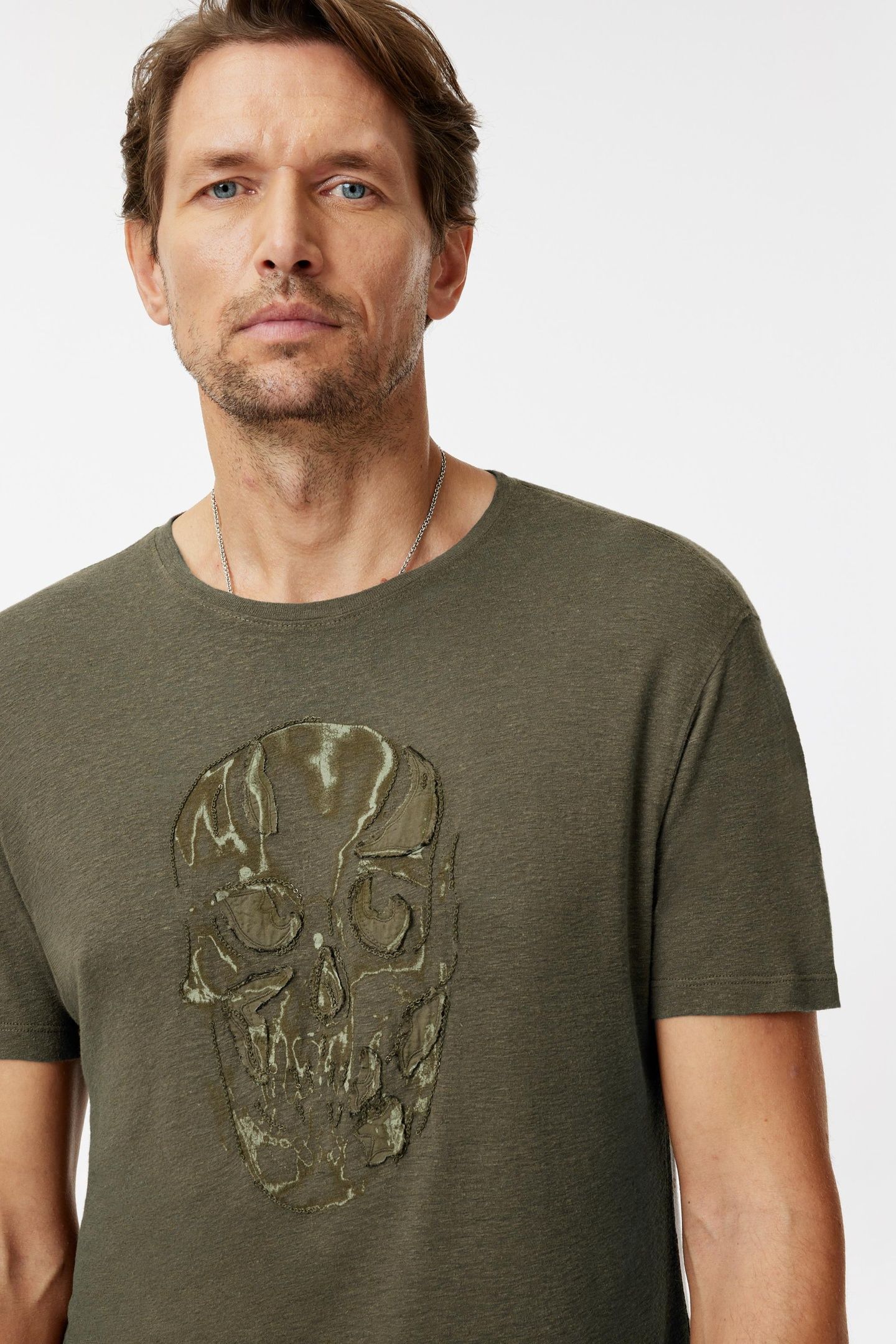 SS CREW TEE - CHAIN SKULL OLIVE LEAF 2