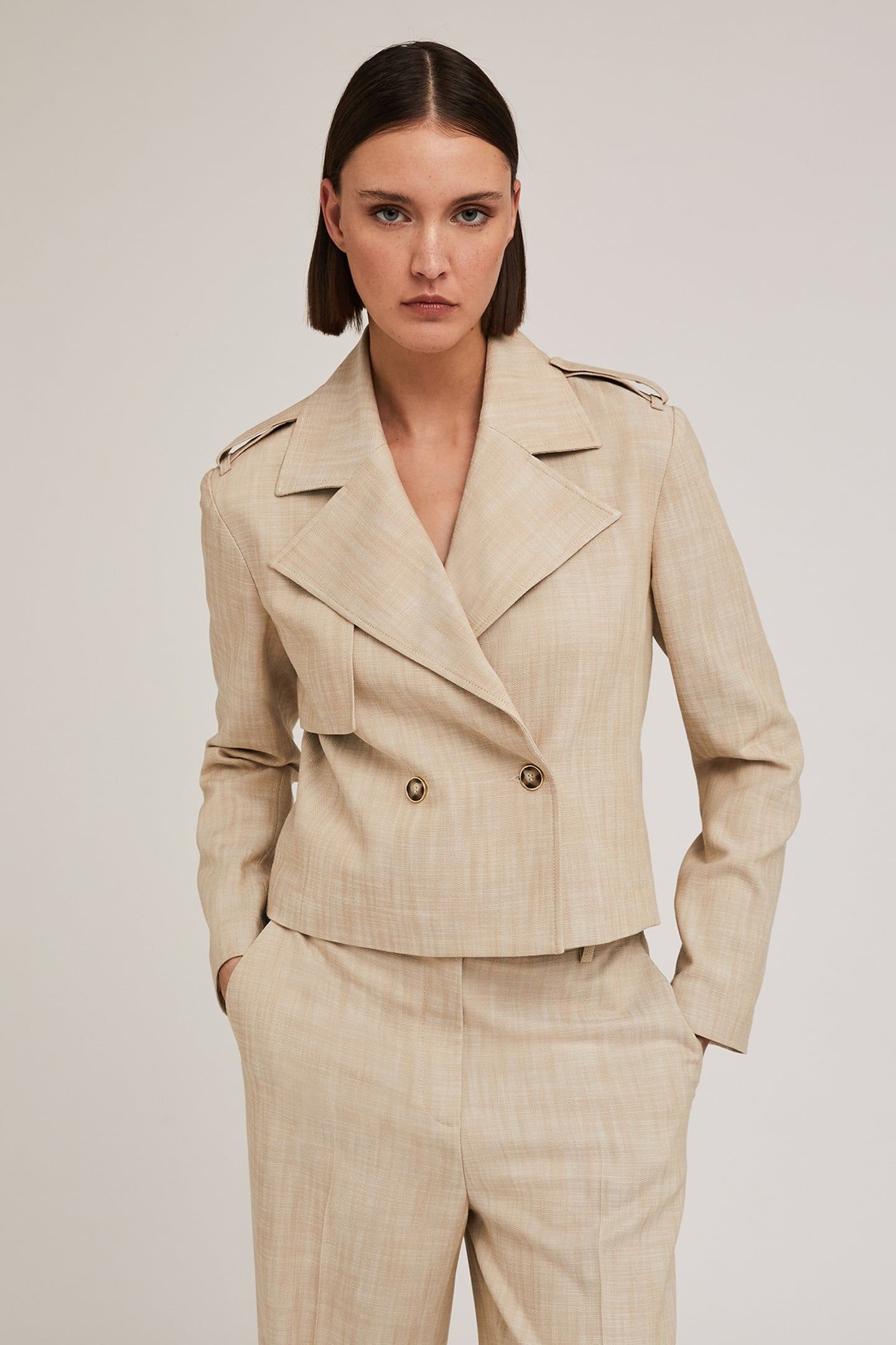 POLYVISCOSE DOUBLE-BREASTED SHORT JACKET BEIGE 1