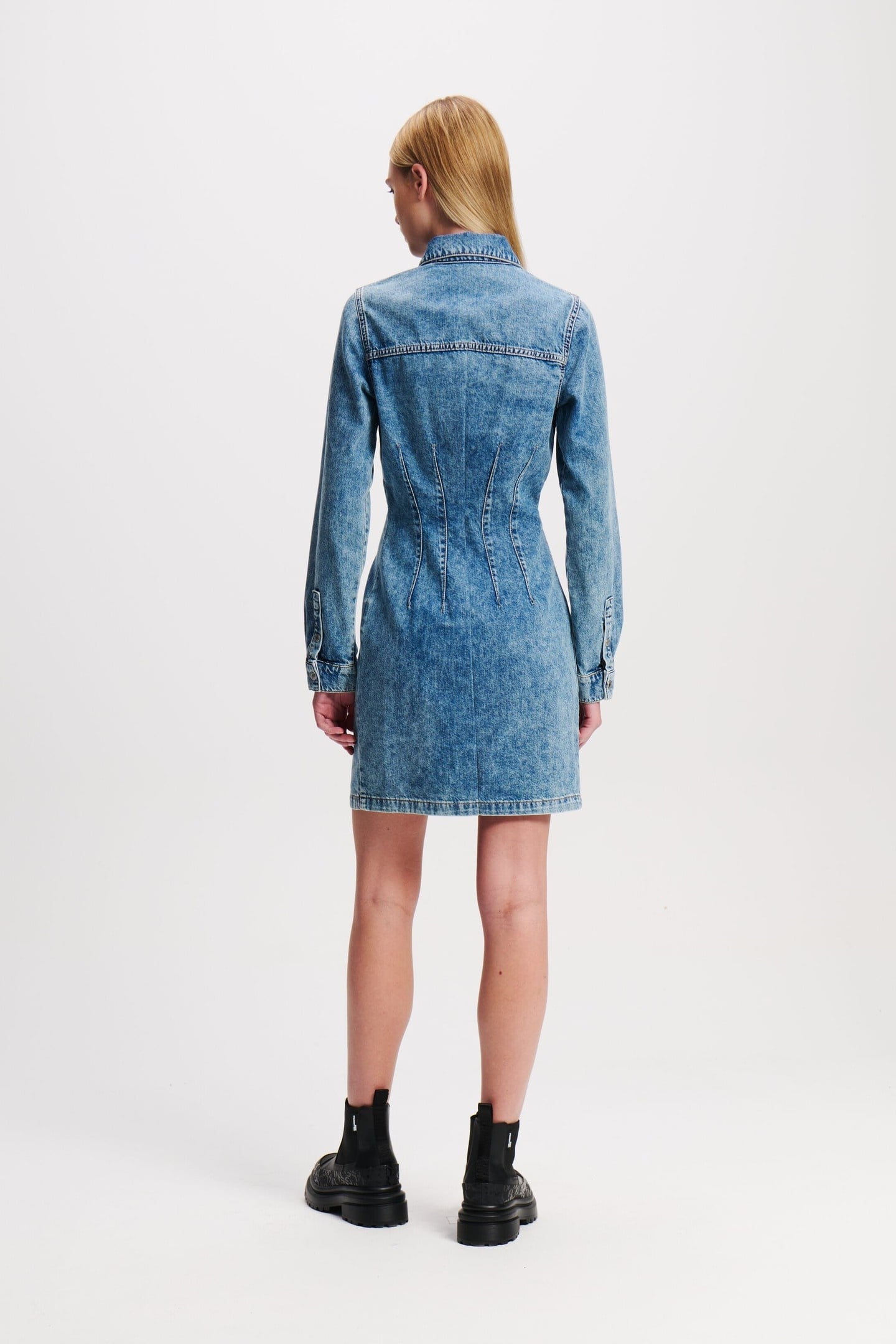 LONGSLEEVE PINTUCK DENIM DRESS STONE WASHED BRIGHT BLUE 2
