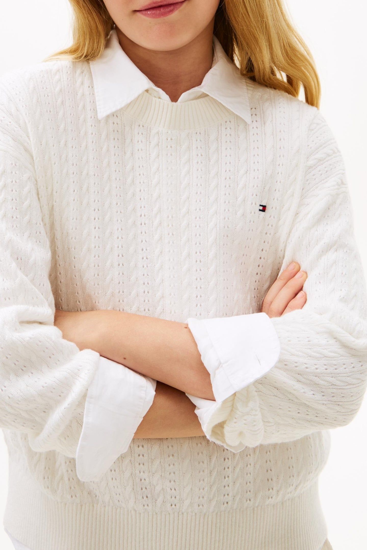 GIRLS POINTELLE CABLE SWEATER IVORY SILK 5