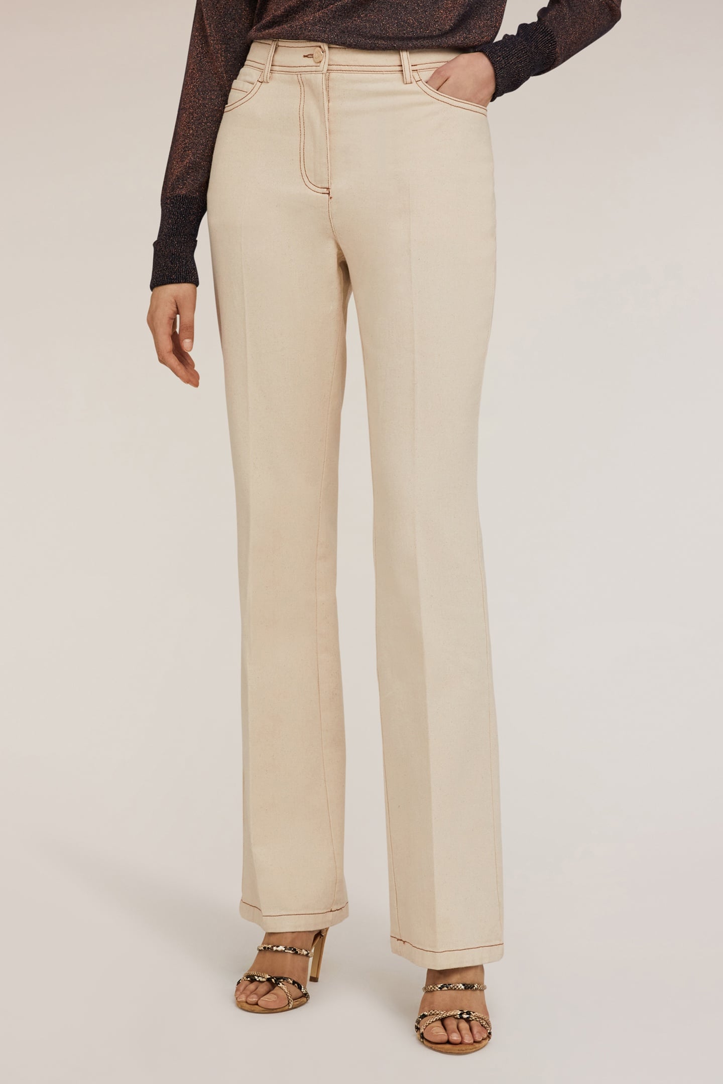 DRILL FLARED TROUSERS WITH CONTRAST STITCHING BEIGE 1