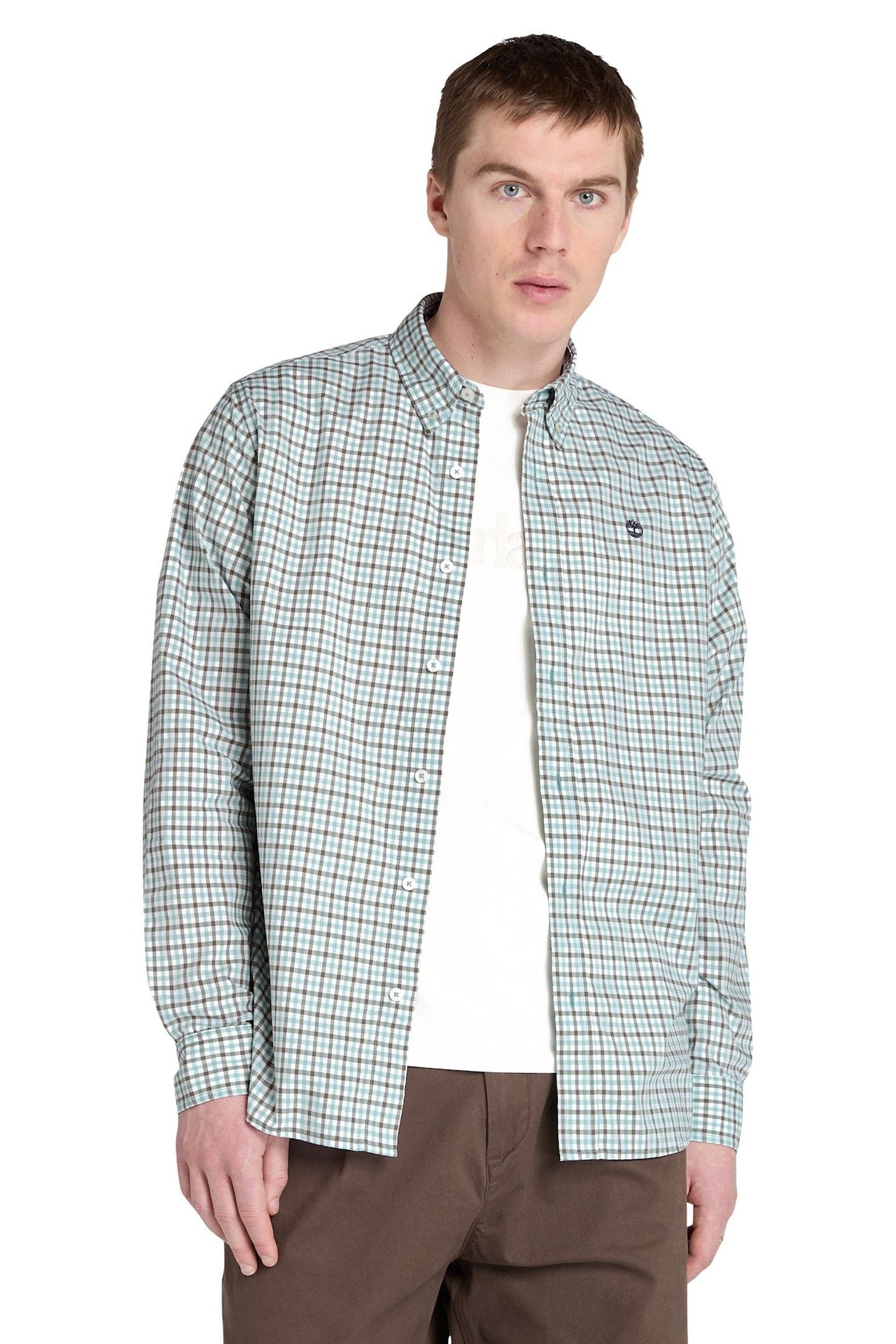 STRETCH POPLIN GINGHAM SHIRT SILVER BLUE YD 1