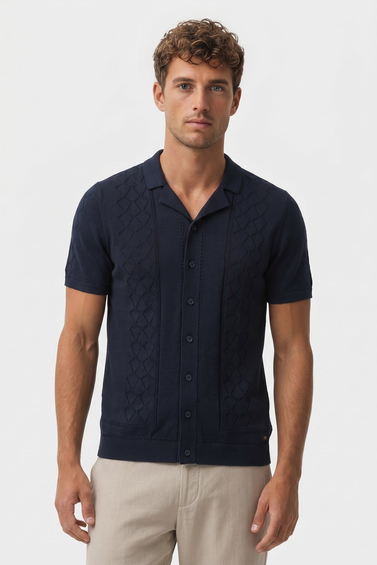 PULLOVER SHORT SLEEVE FULL BUTTON POLO SOLID JACQUARD NIGHT 1