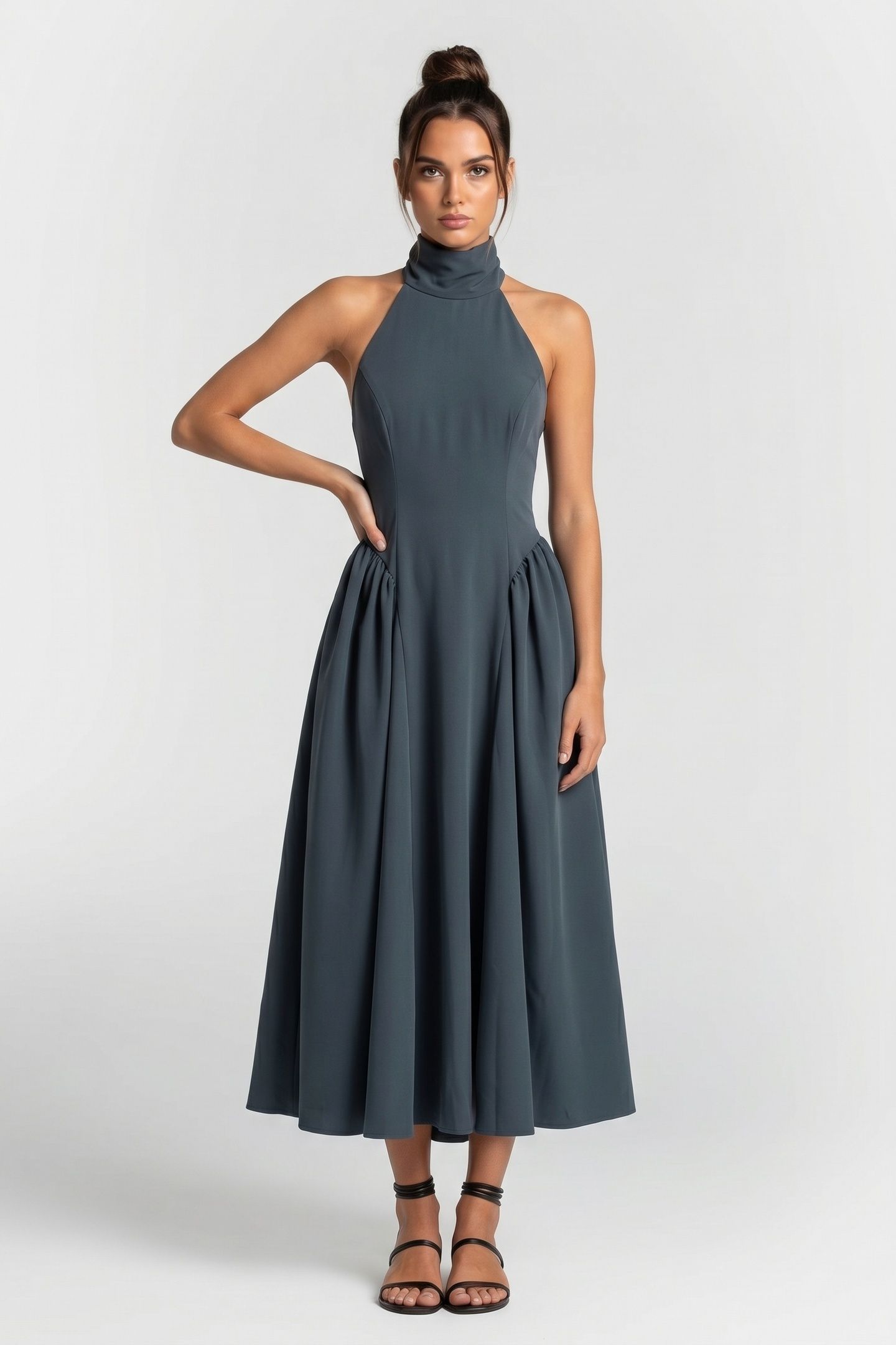 TIE NECK GATHERED MIDI DRESS TEAL 1