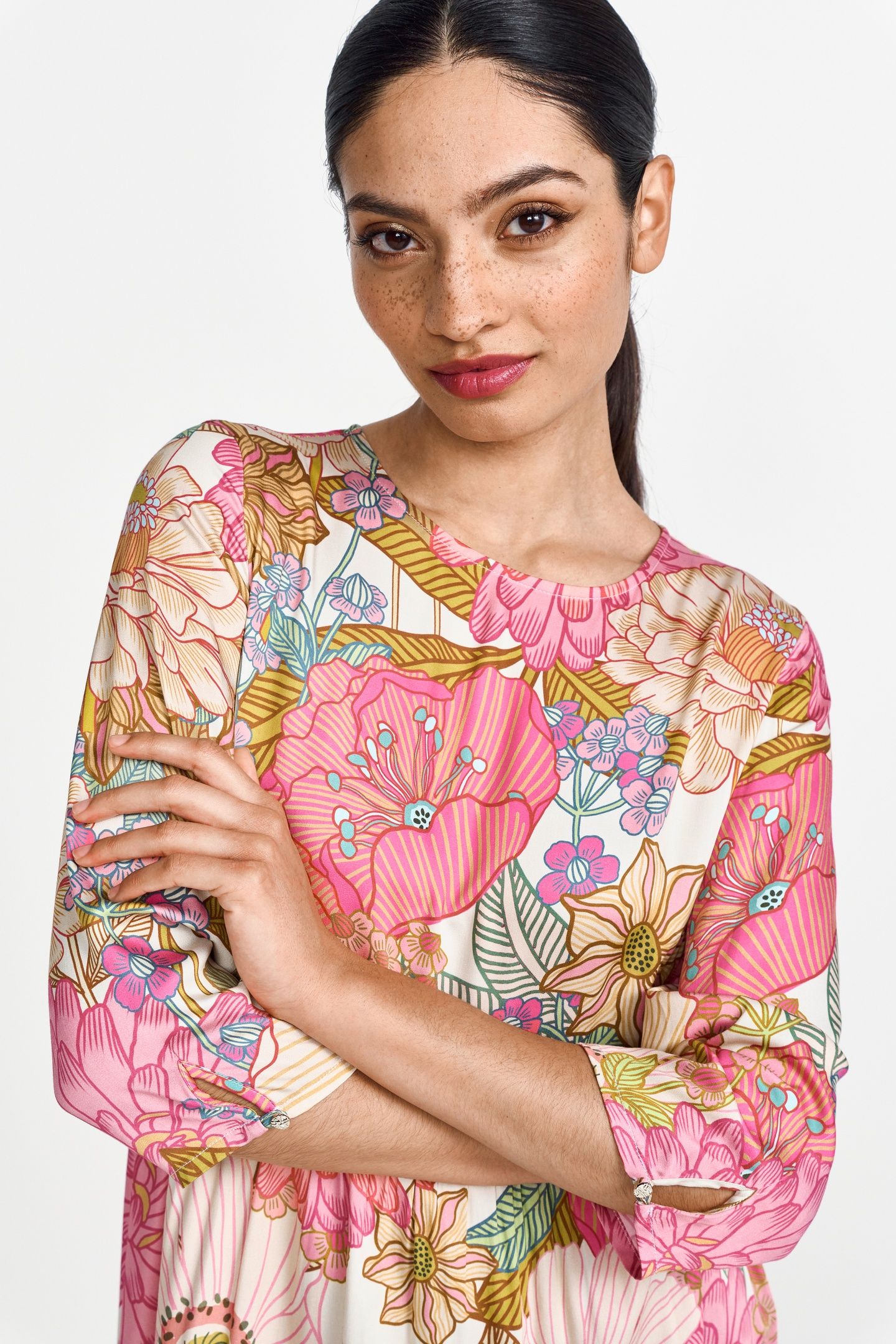 PRINTED MIDI DRESS WITH SMOCKED CHEST SPRING BLUSH 1