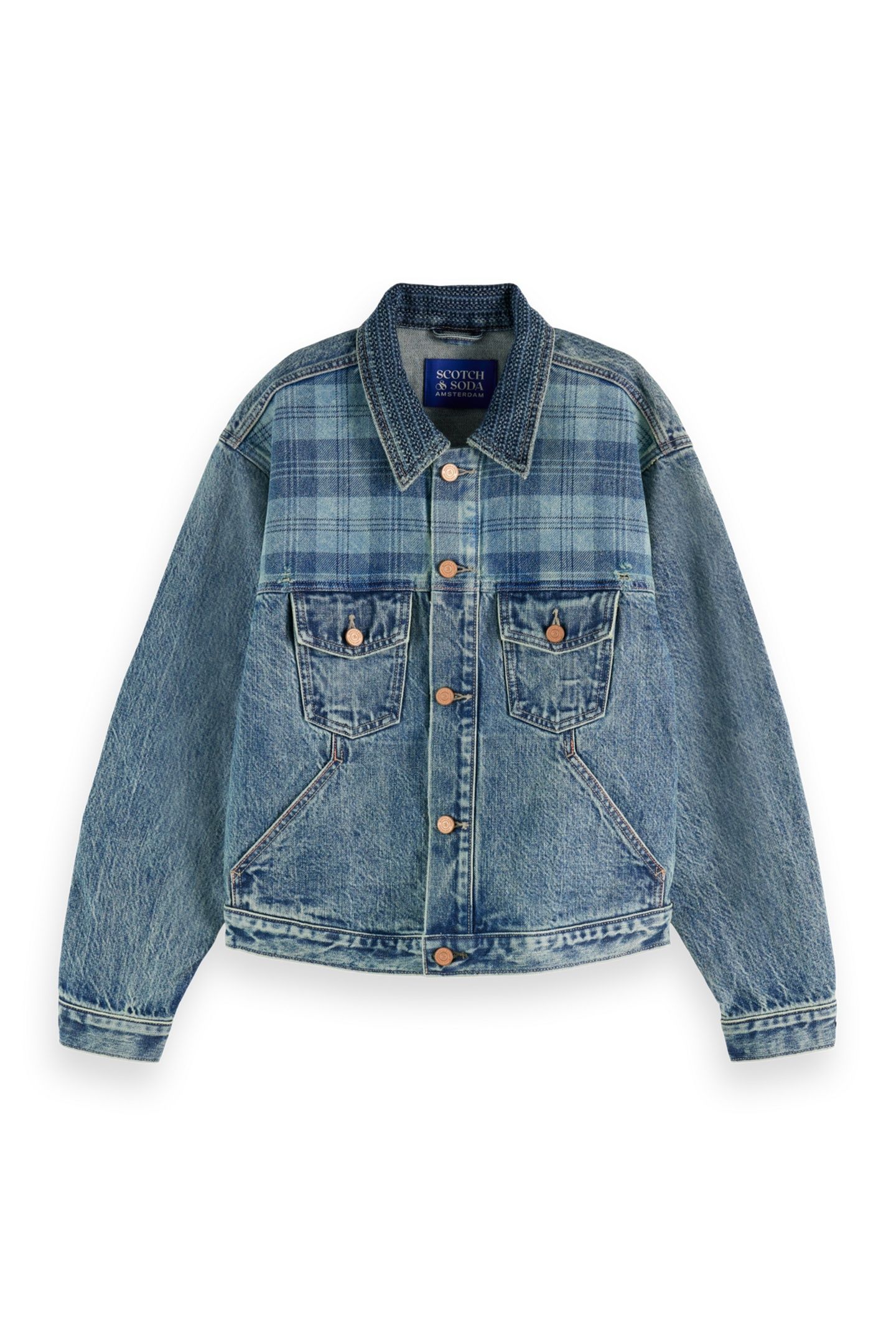 CUSTOMISED DENIM JACKET IN MIXED FABRIC - OUTDOOR BLUE OUTDO 4