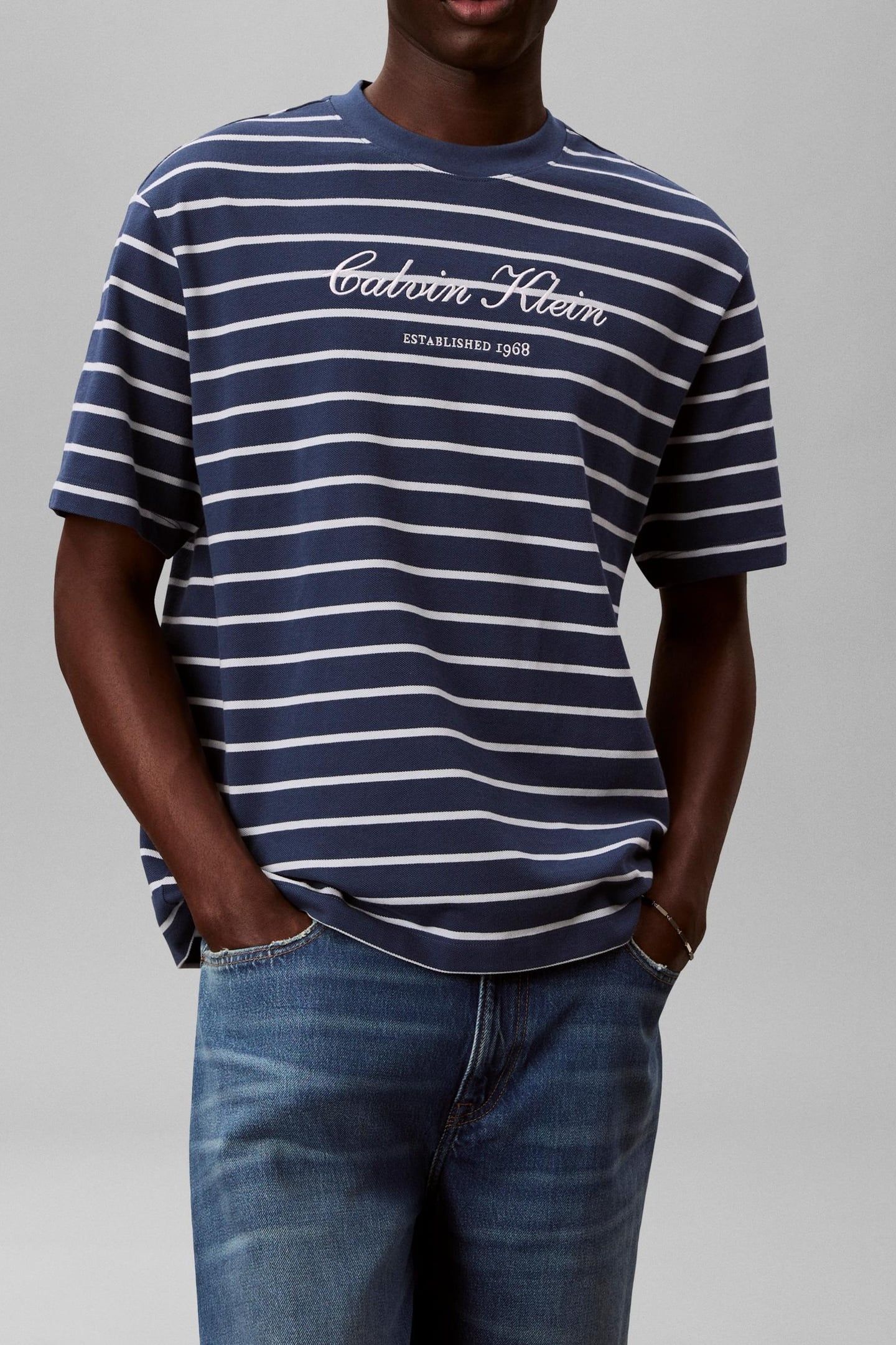SS STRIPE CASUAL PIQUE TEE DARK DENIM 1
