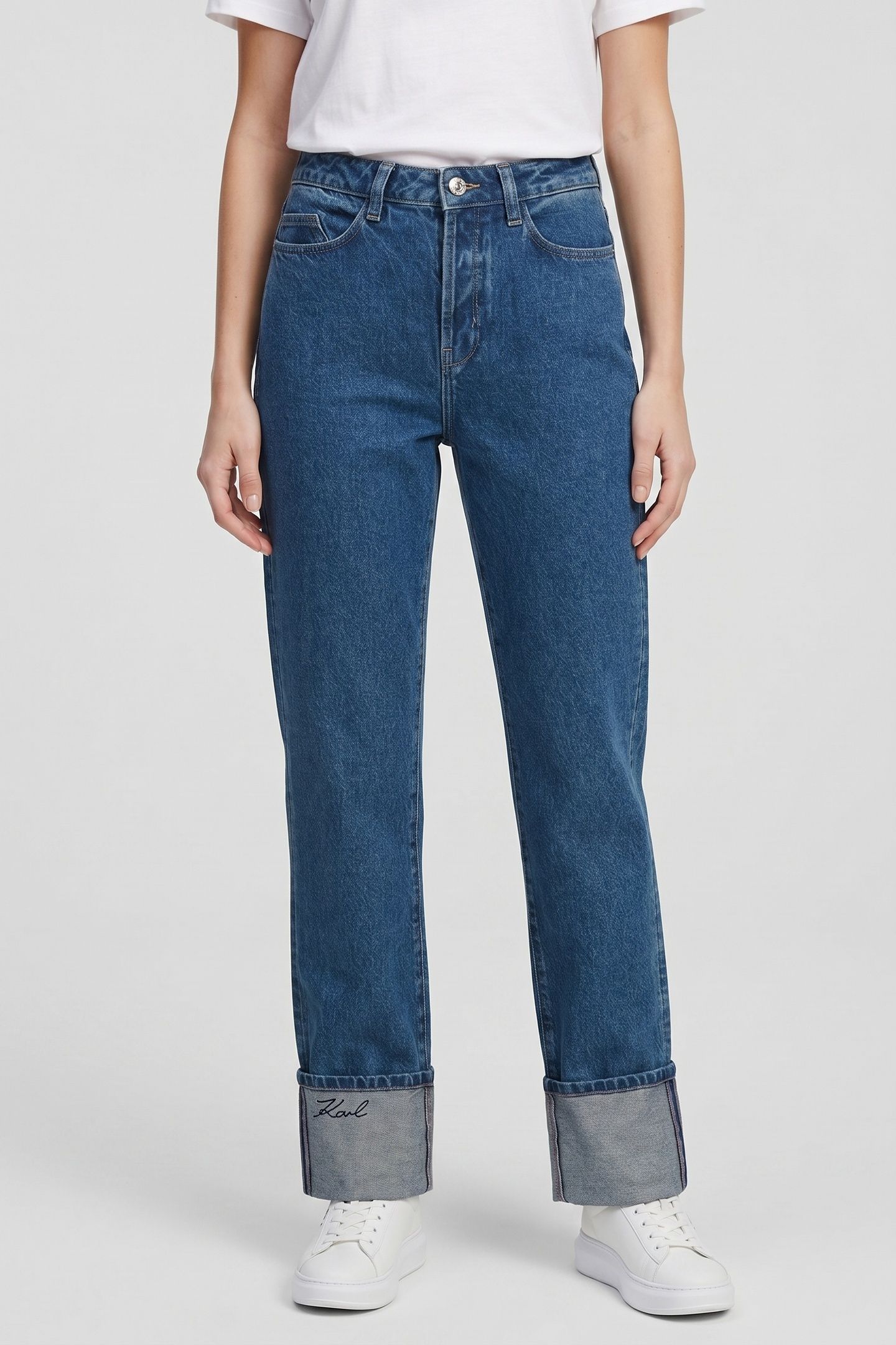 CUFFED STRAIGHT DENIM PANTS MID BLUE 1