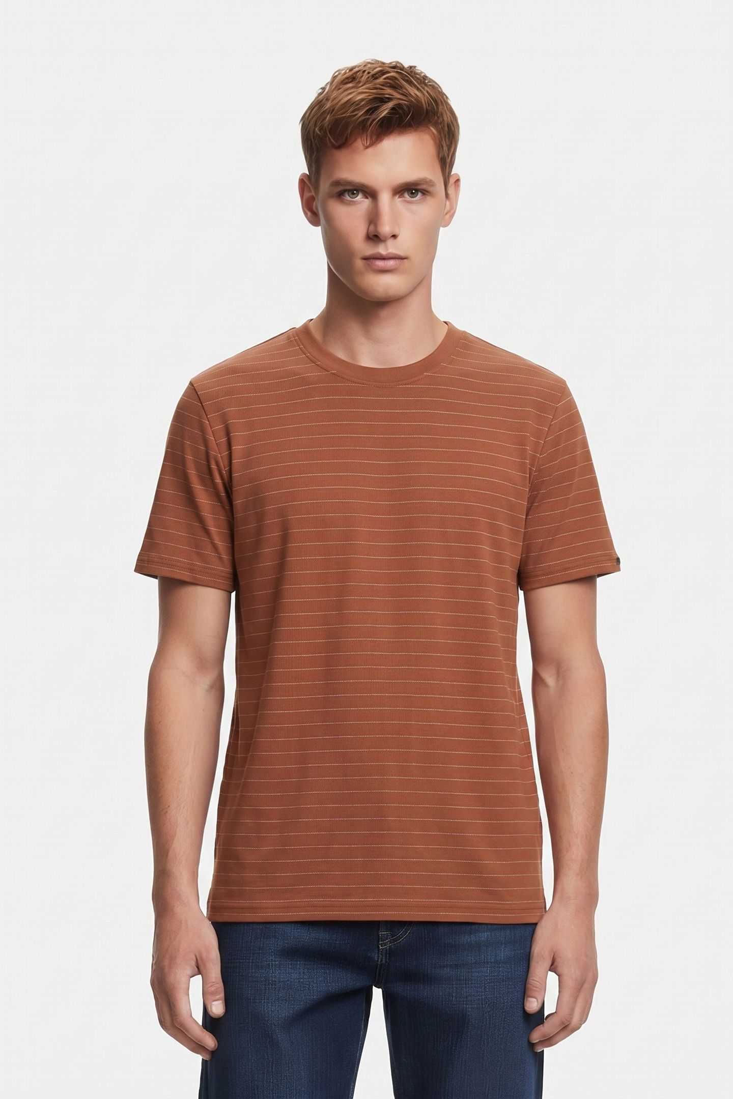 T-SHIRT CREWNECK YARN DYED PIN STRIPE CARAMEL 1