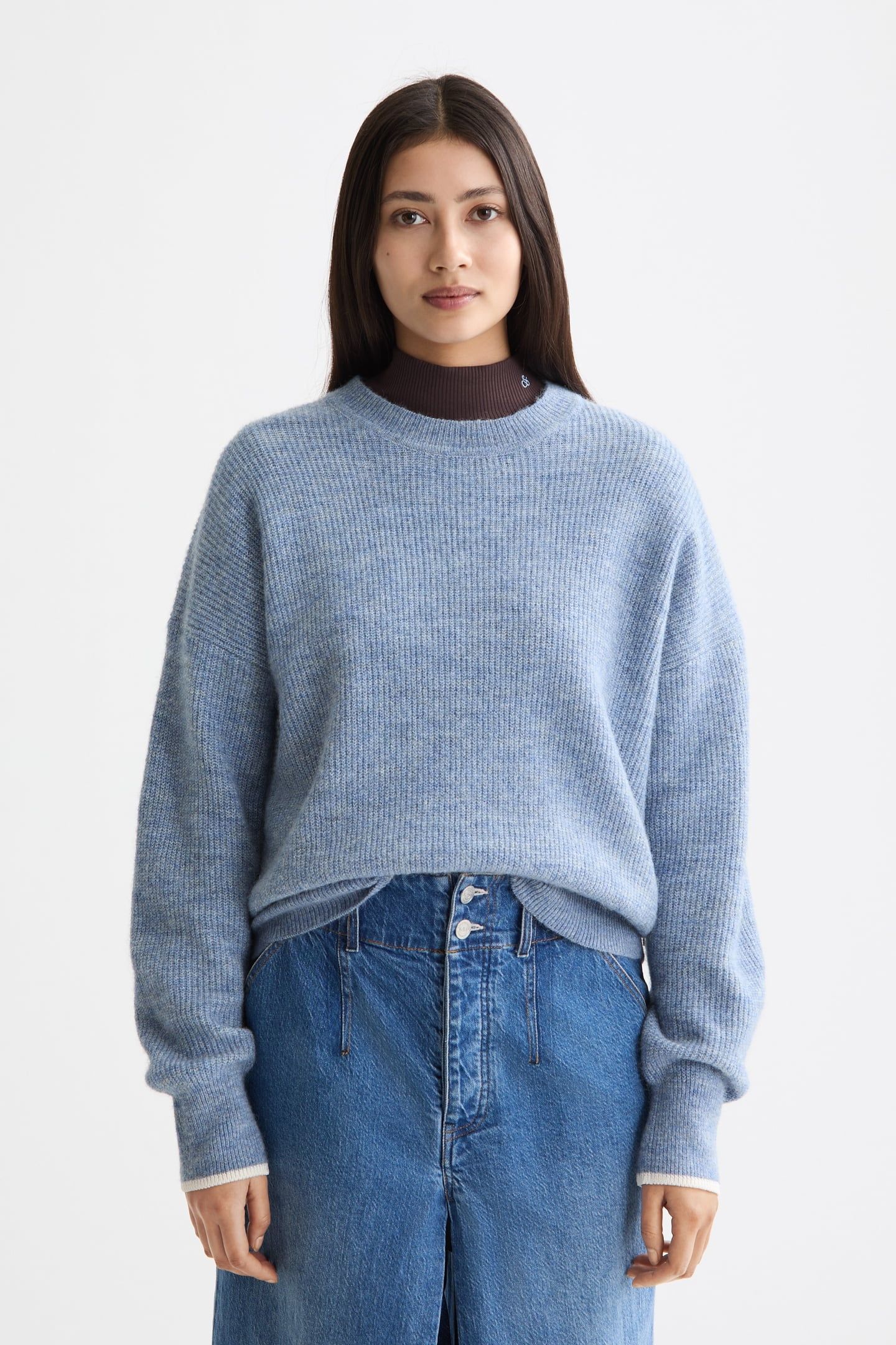 FUZZY CREW NECK PULLOVER FADED DENIM MELANGE 1
