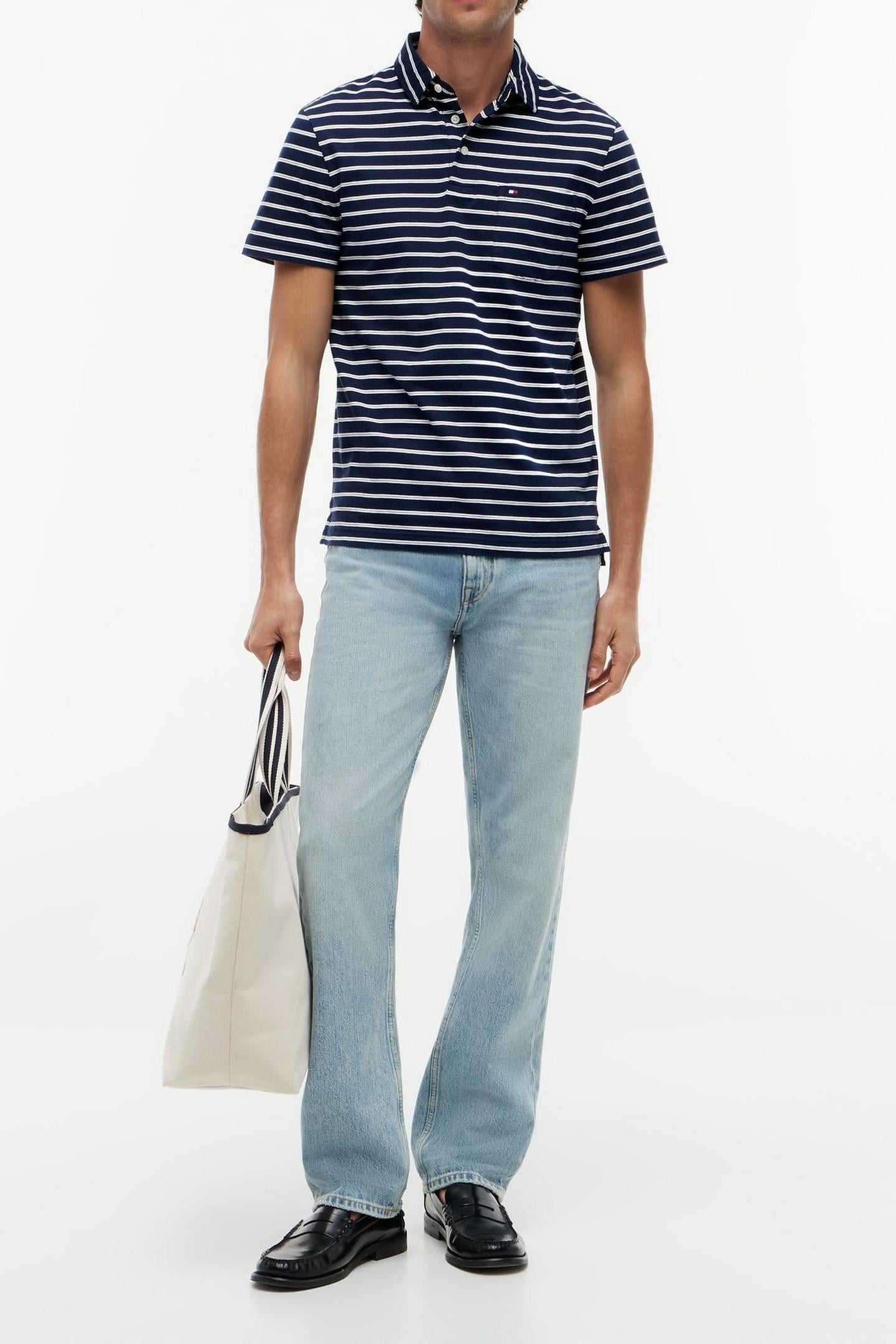 SINGLE JERSEY STRIPE POLO CARBON NAVY/IVORY PETAL 1