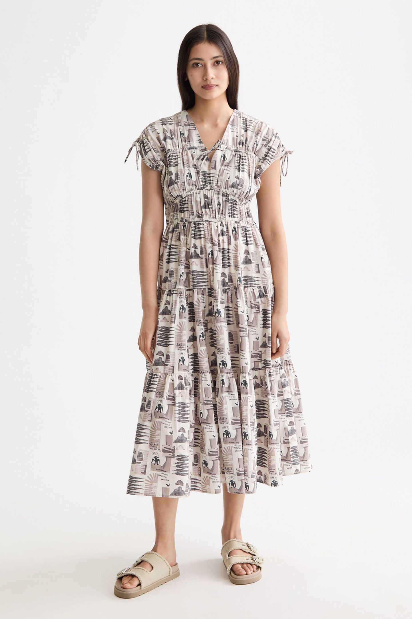 GATHERED MIDI DRESS WITH TIED DETAILS ART DEPT COLLAGE GREY 1