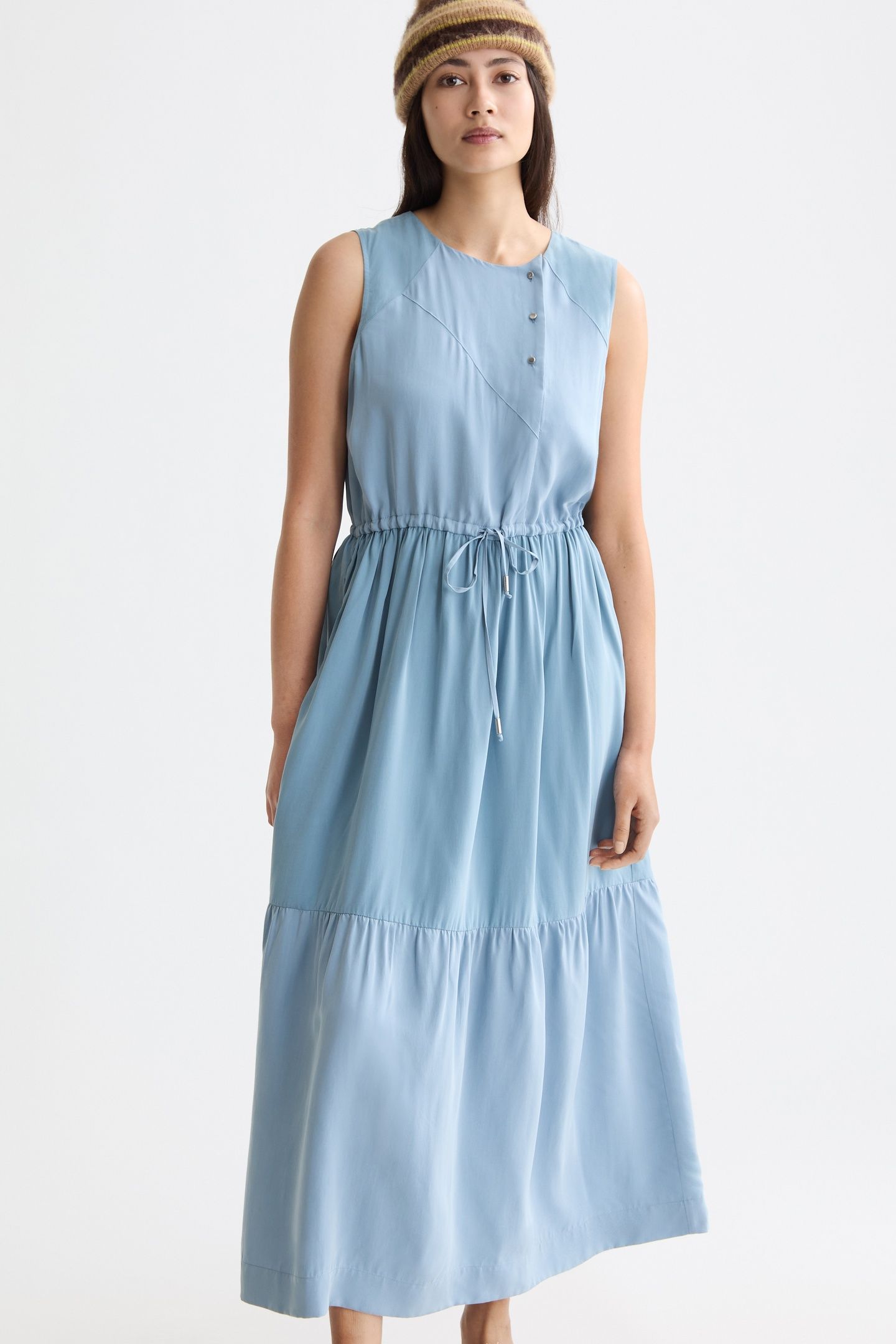 MIDI DRESS WITH GATHERED WAIST FADED DENIM 1