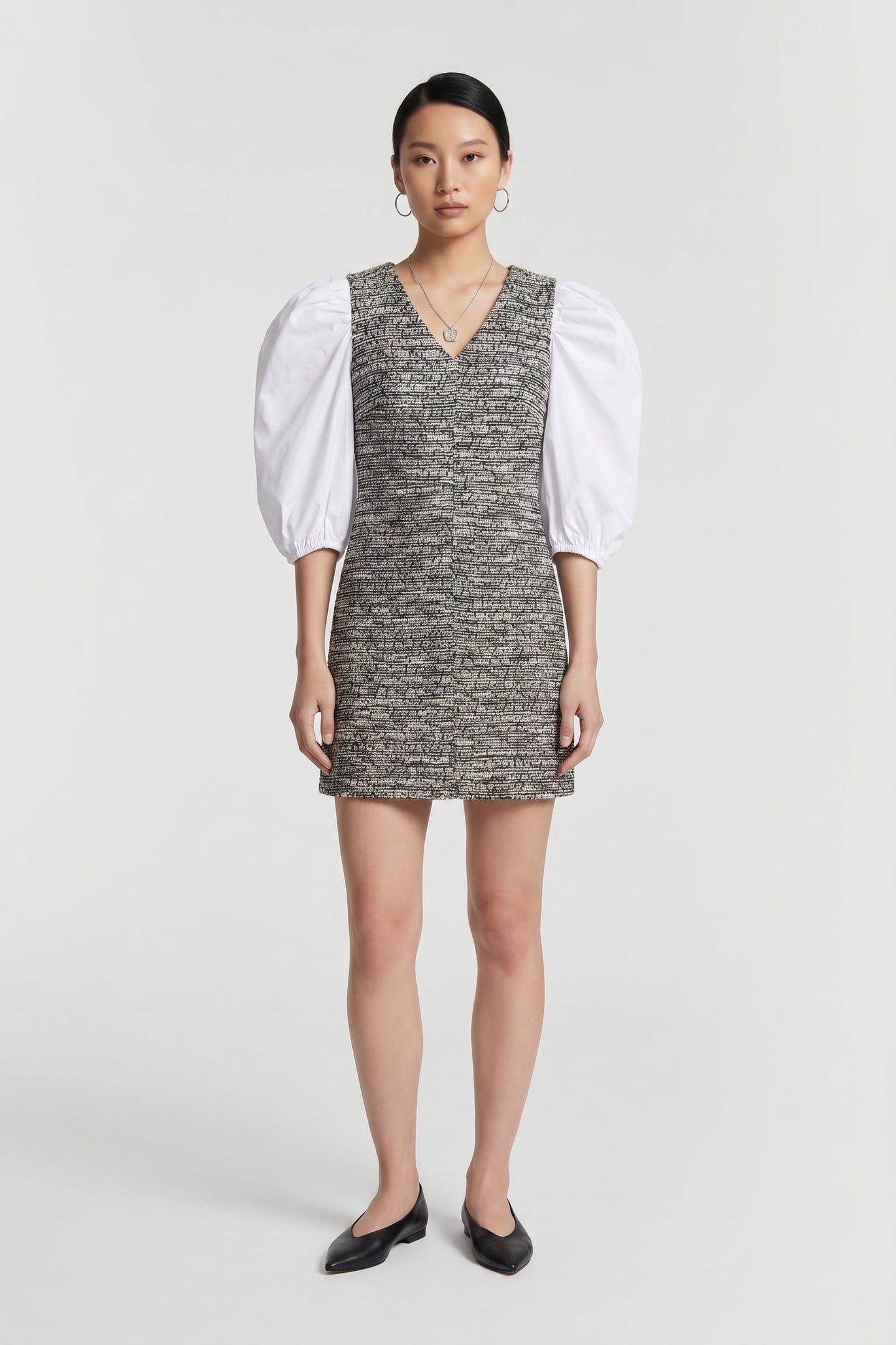 BOUCLE POPLIN SLEEVE DRESS BLACK/WHITE BOUCLE 1