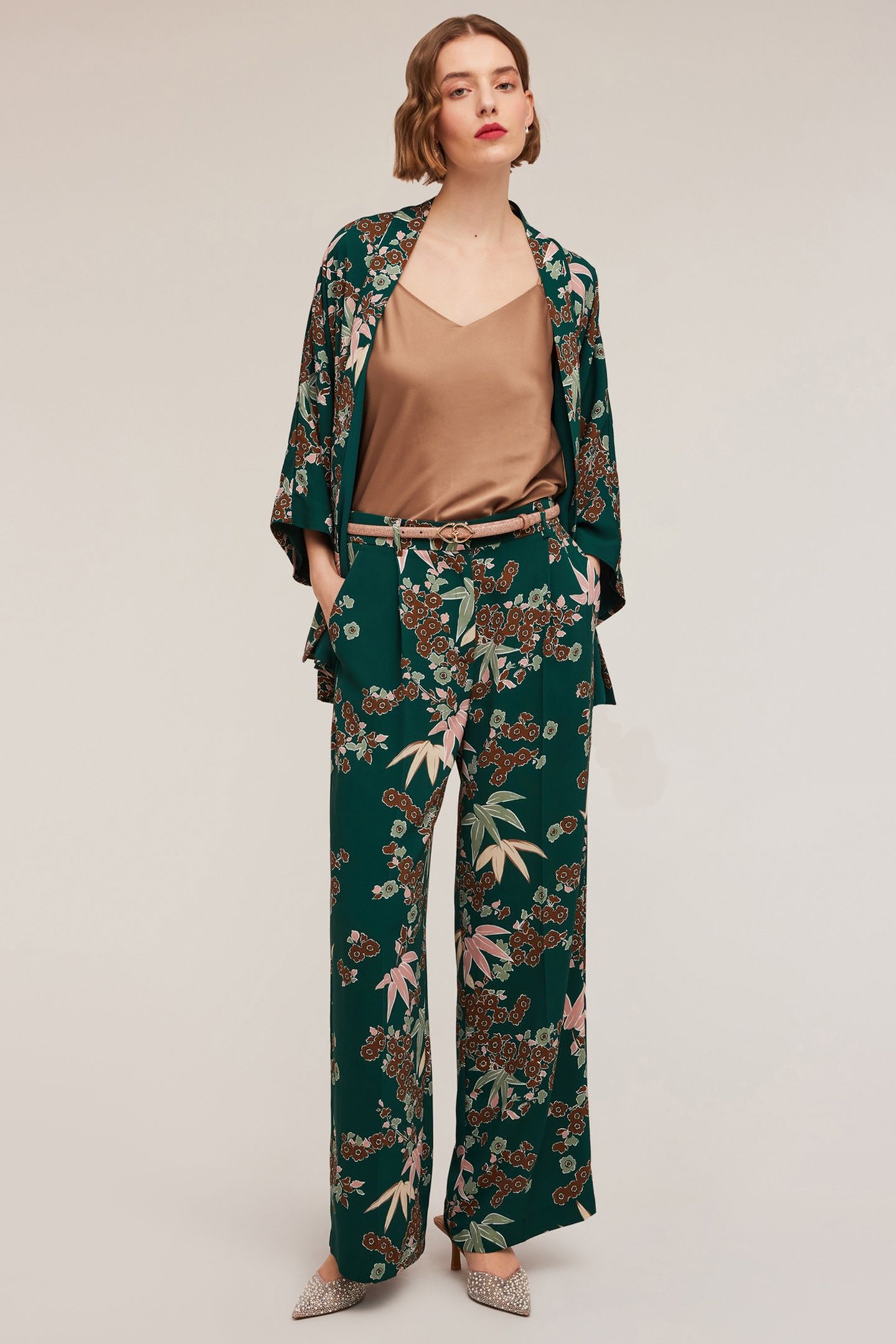 DECÒ PATTERNED PALAZZO TROUSERS WITH PLEATS GREEN 4