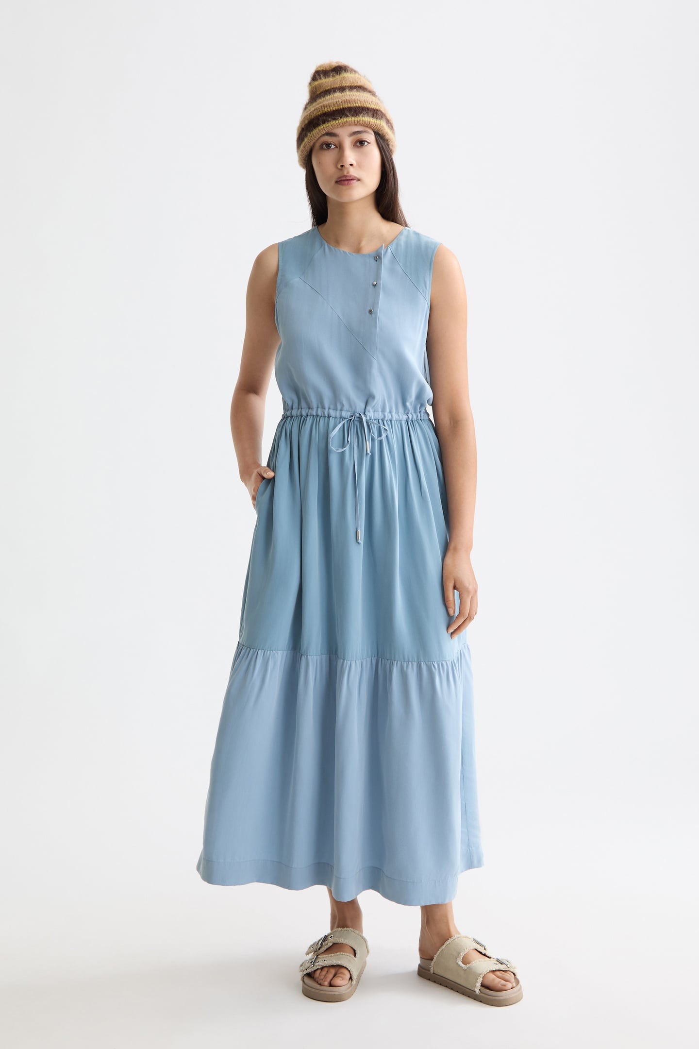 MIDI DRESS WITH GATHERED WAIST FADED DENIM 2