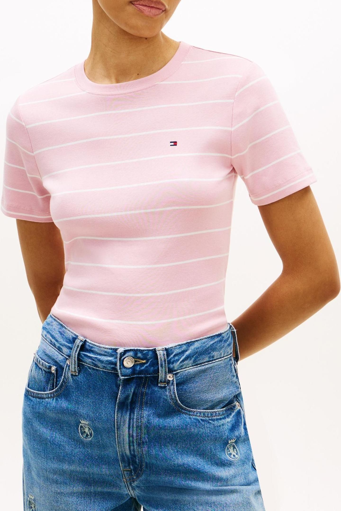 SLIM CODY C-NECK SS TEE FINE STP BONITA PINK/ECRU 1