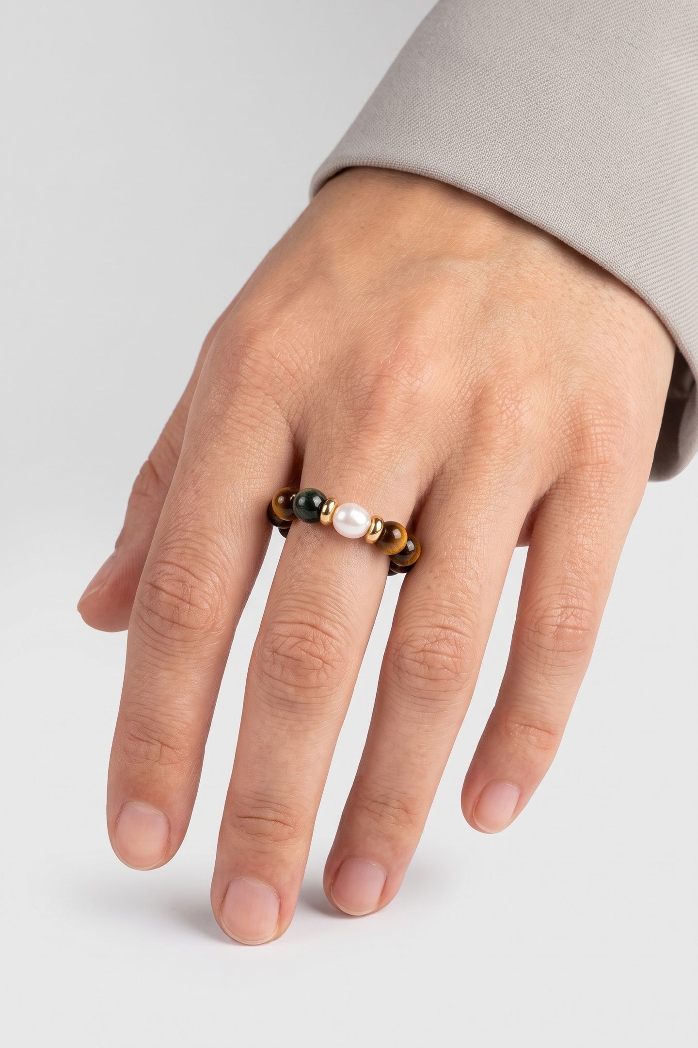 ANXIETY TIGER‘S EYE PEARL RING MIT PERLE GOLD / M/L 1