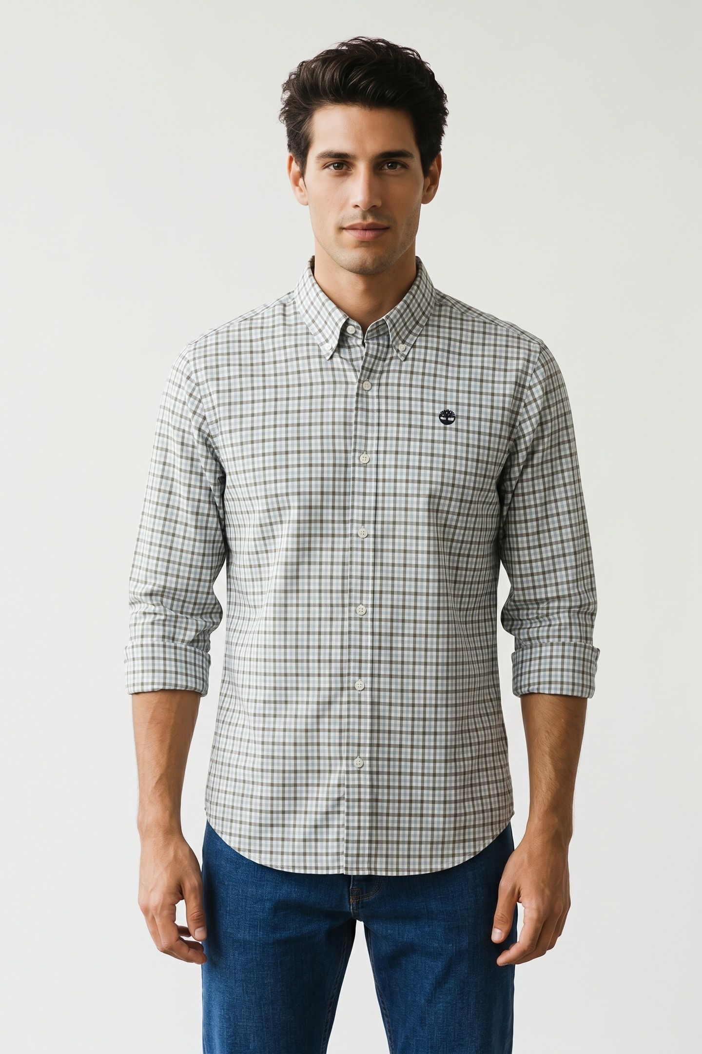 STRETCH POPLIN GINGHAM SHIRT SILVER BLUE YD 2