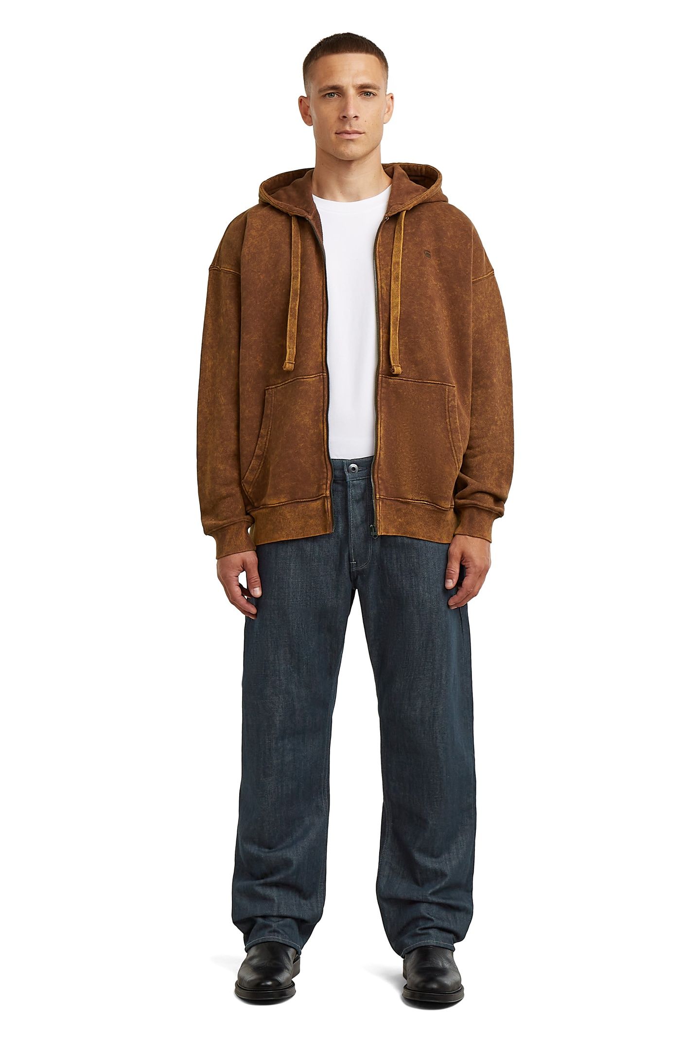 WASHED LOOSE FULL ZIP HOODED SWEATER POTTING SOIL SMOKEY 3