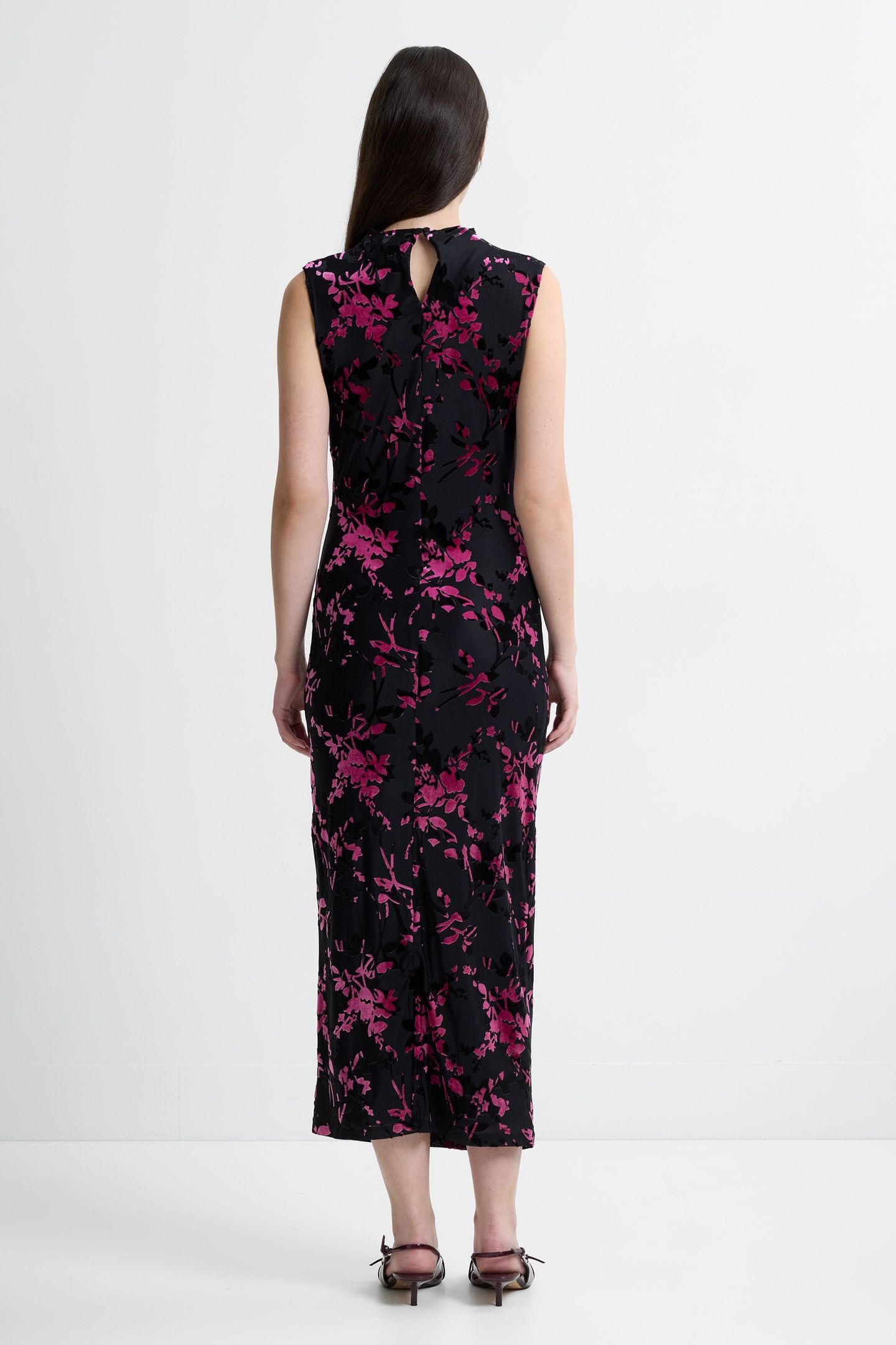 IDINA BURNOUT DRAPED MIDI DRES BLACK/FLURO PINK 2