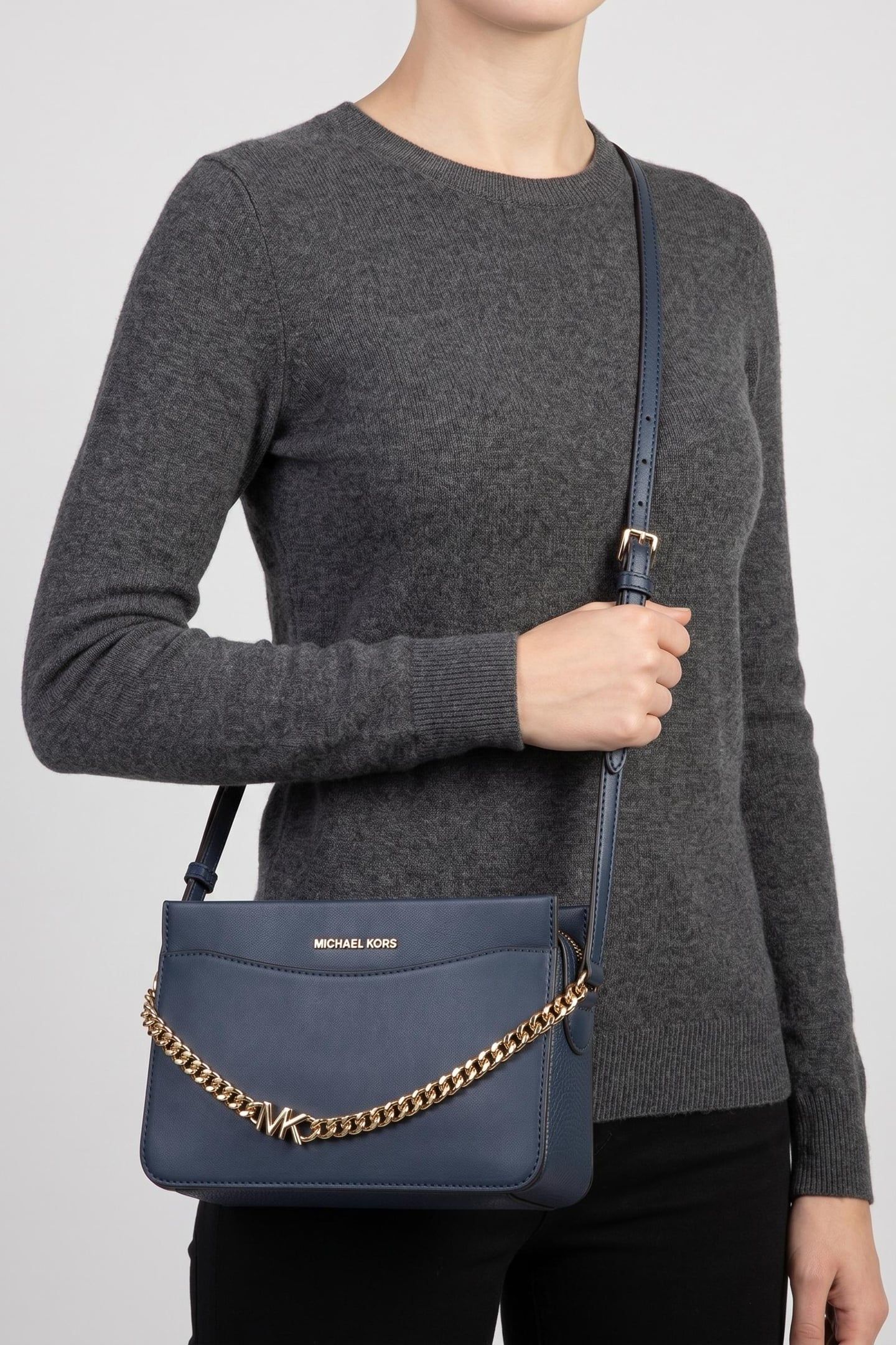LARGE LEATHER CHAIN SWAG CROSSBODY NAVY 1