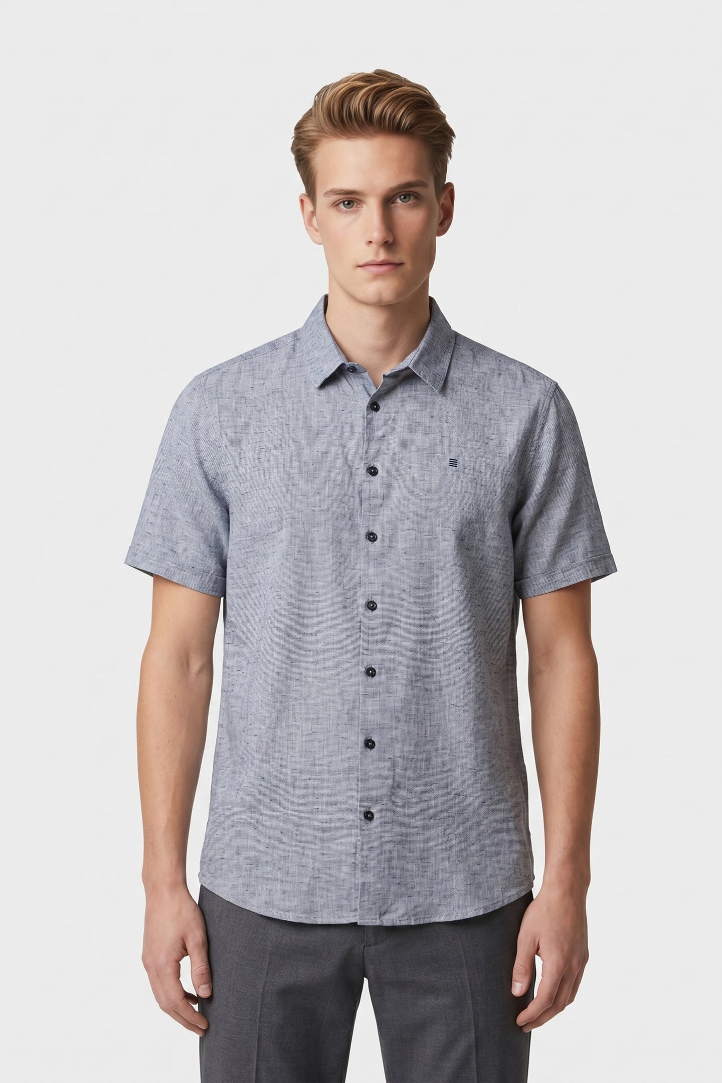 SHIRT SHORT SLEEVE 2 COLOURED MELANGE WITH LINEN INDIGO BLUE 1