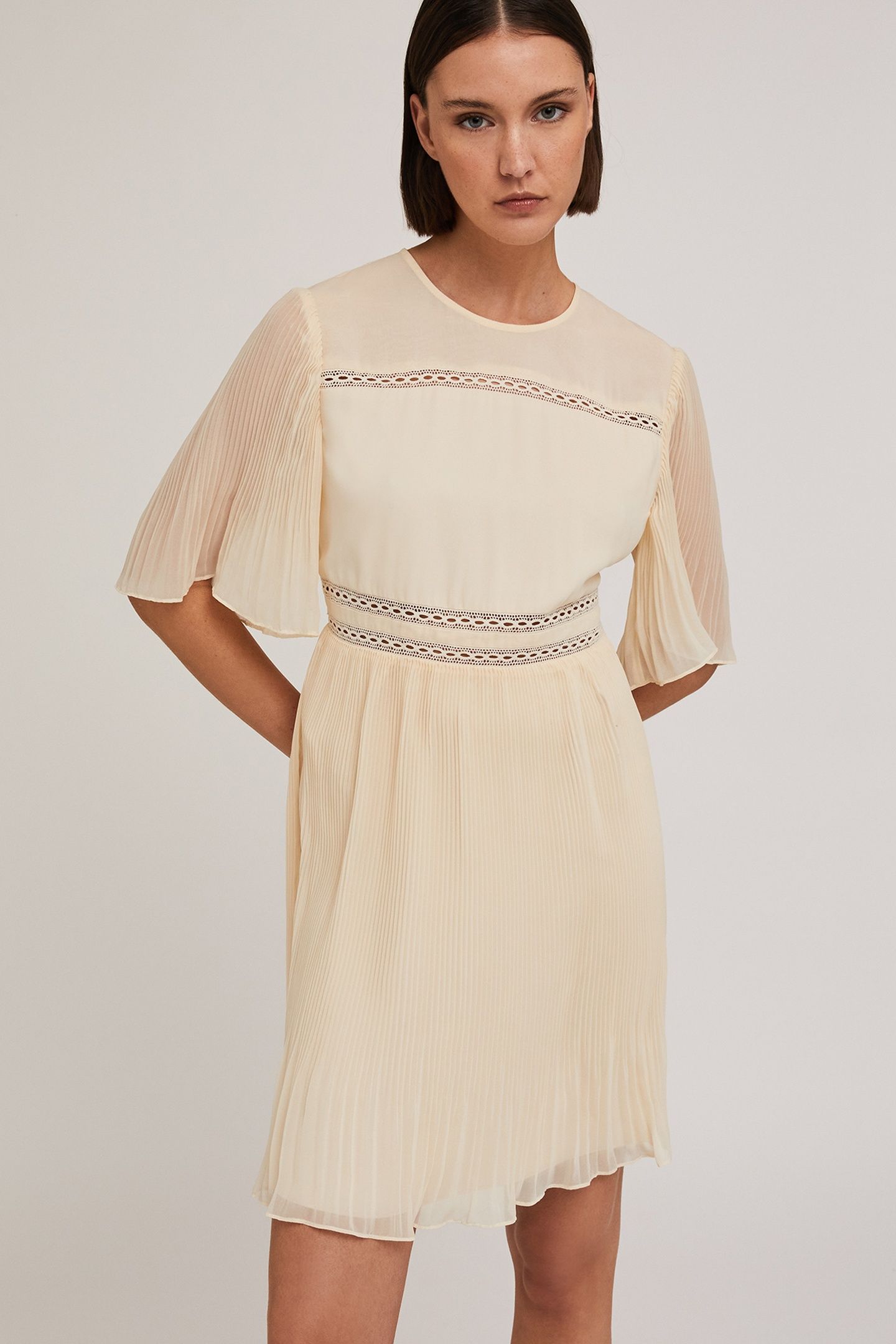 EMBROIDERED DRESS WITH PLEATED DETAILS WHITE 1