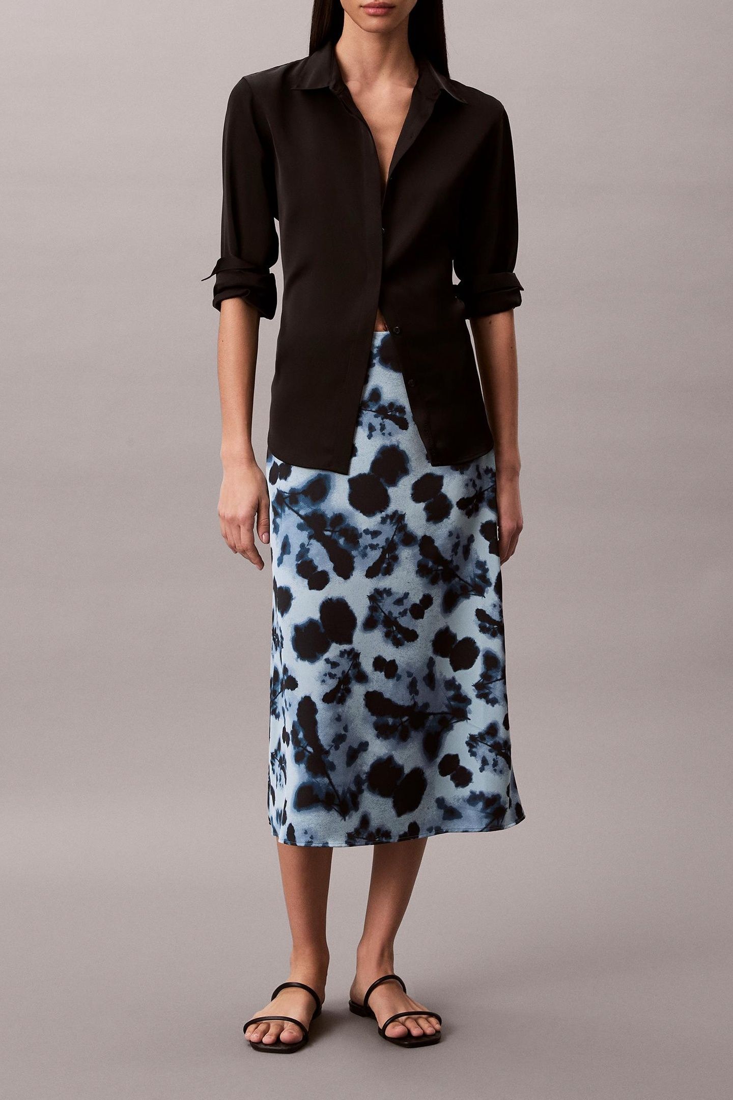 PRINTED SATIN MIDI SKIRT BLUE 1