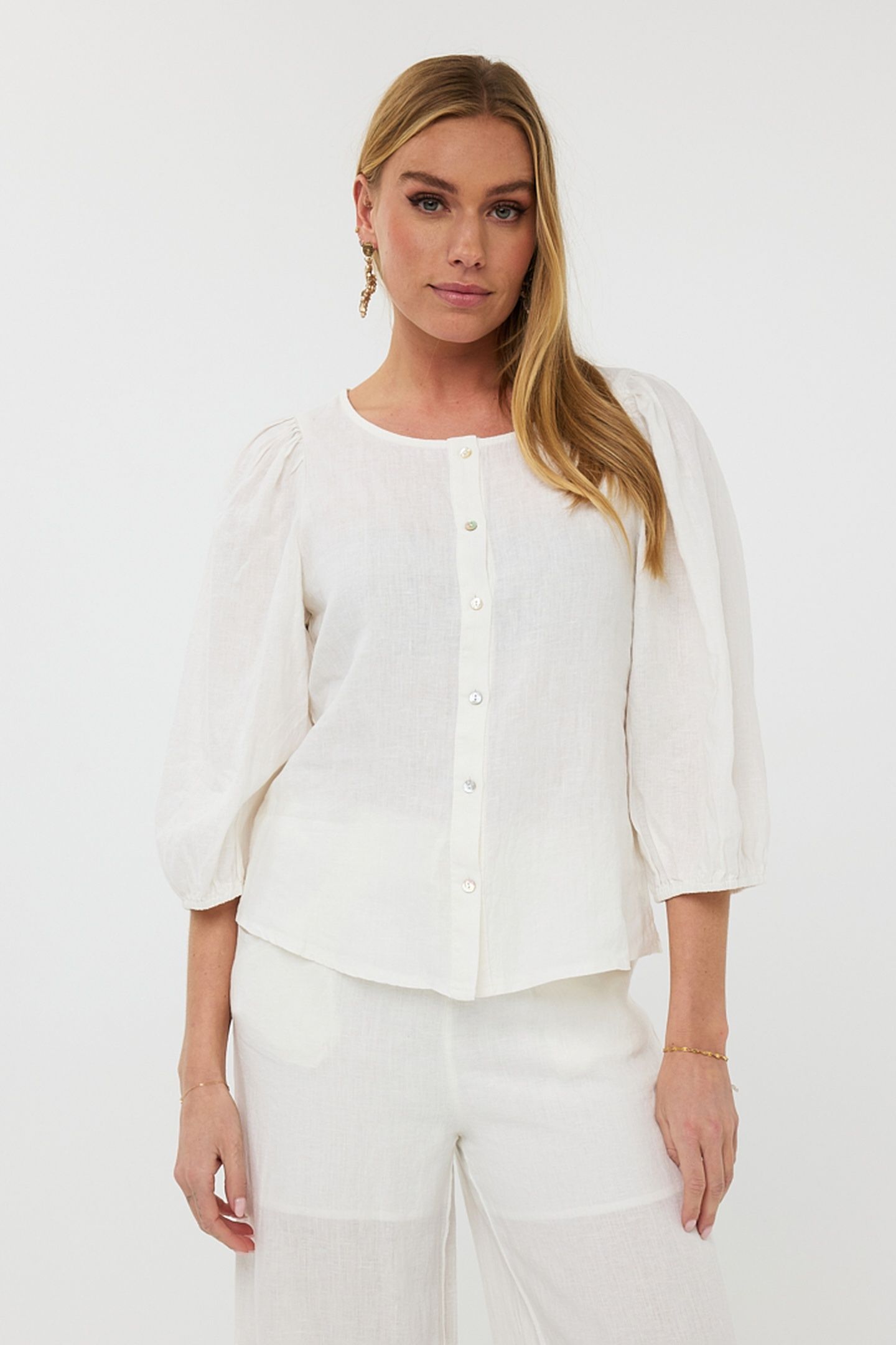 BLOUSE R-NECK LINEN OFF WHITE 1