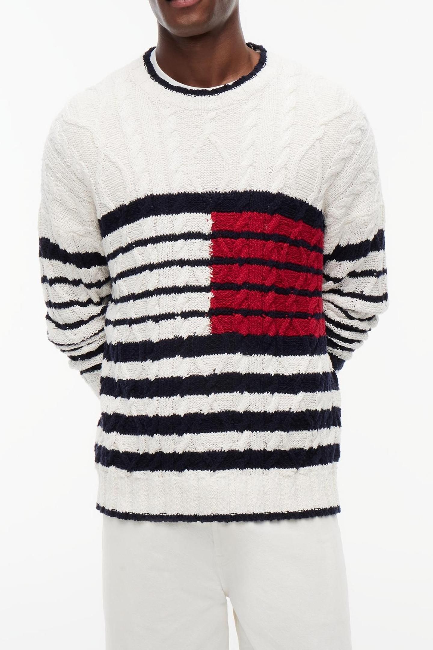 BRETON FLAG CABLE SWEATER IVORY/DESERT SKY/RED 2