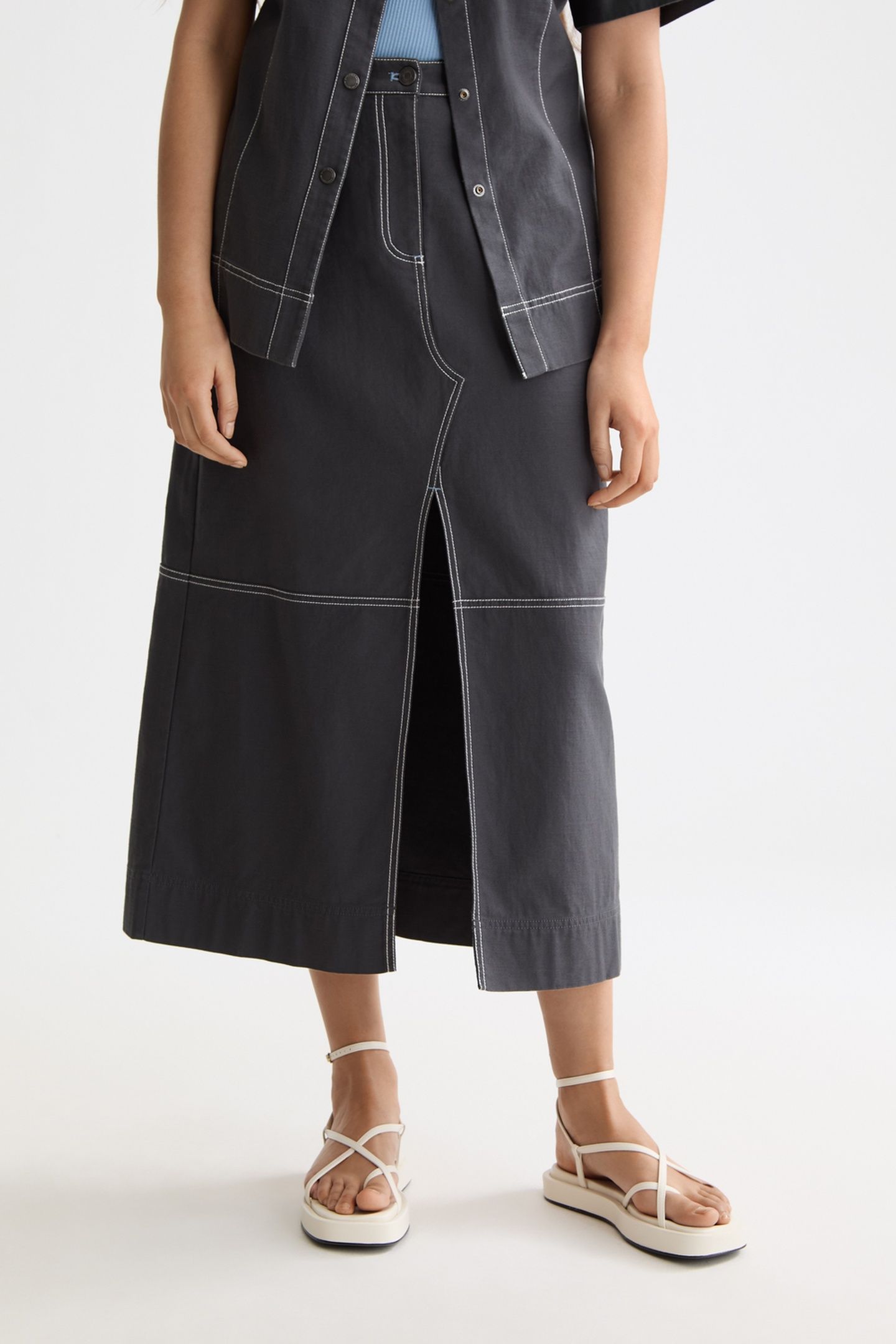 WORKWEAR MIDI SKIRT WITH FRONT SLIT CHARCOAL ART 2