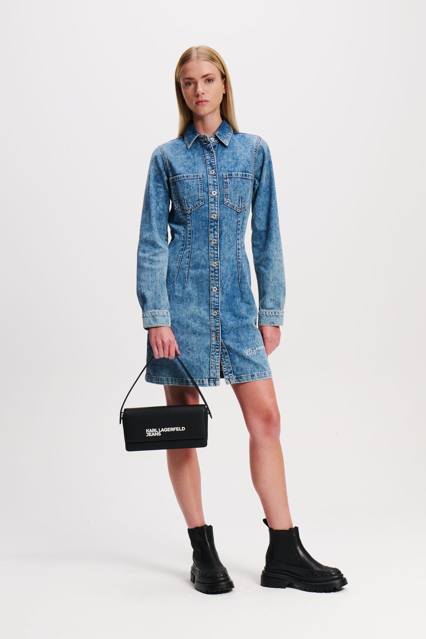 LONGSLEEVE PINTUCK DENIM DRESS STONE WASHED BRIGHT BLUE 6
