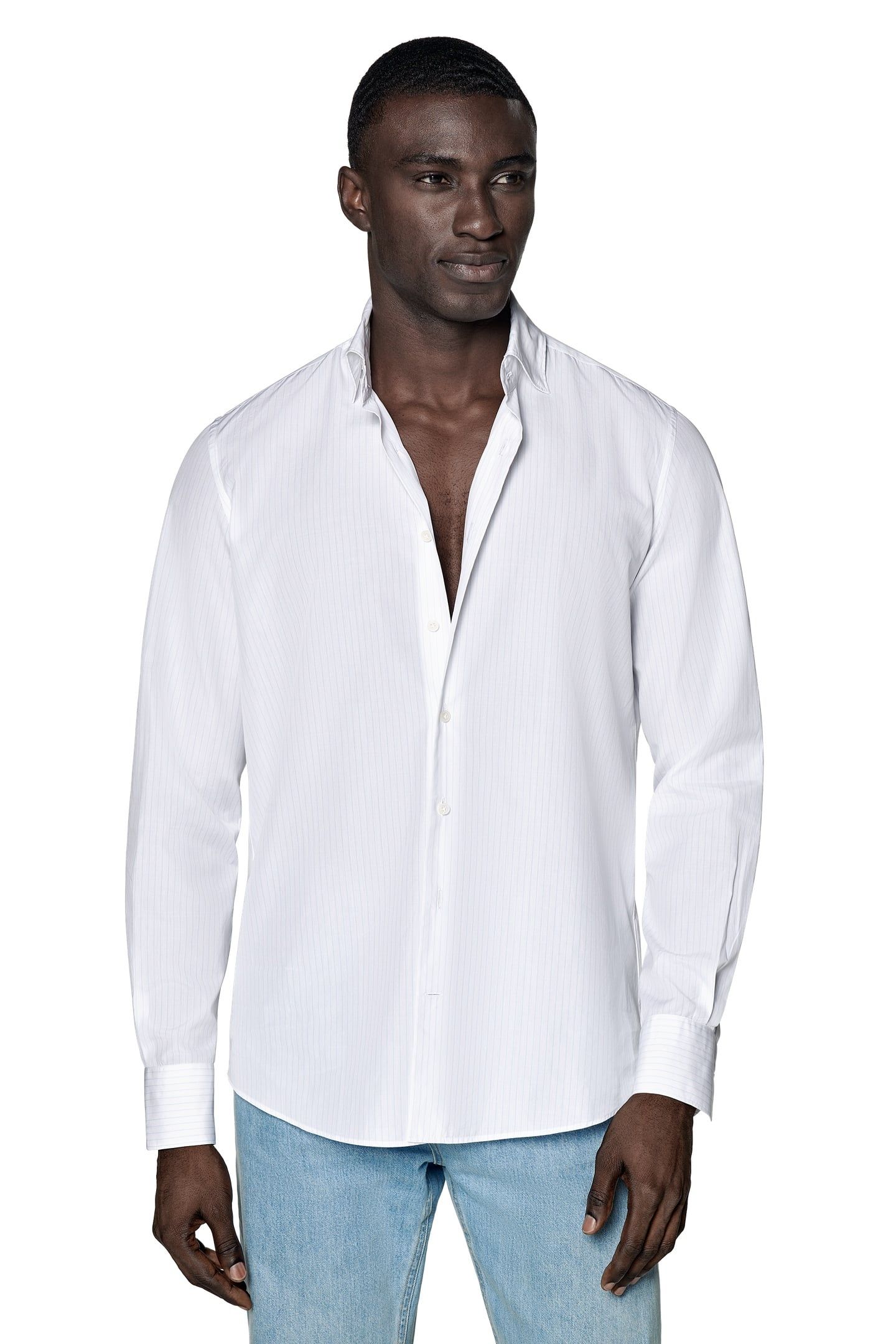 L. BLUE STRIPE POPLIN CASUAL SHIRTS WHITE 1