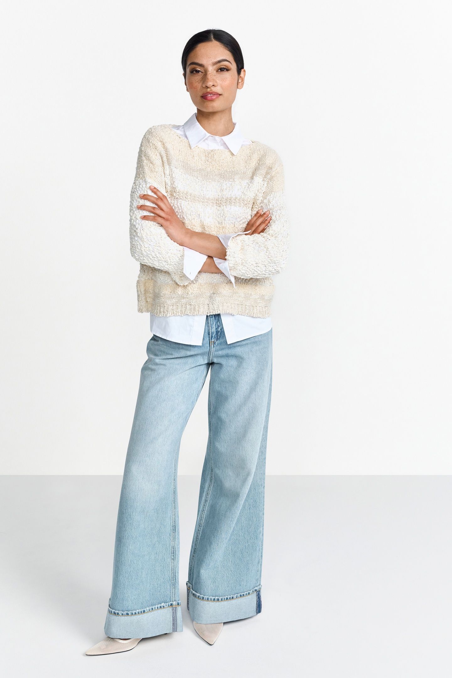 BOAT NECK PULLOVER YARN MIX STRIPE PEARL WHITE 1