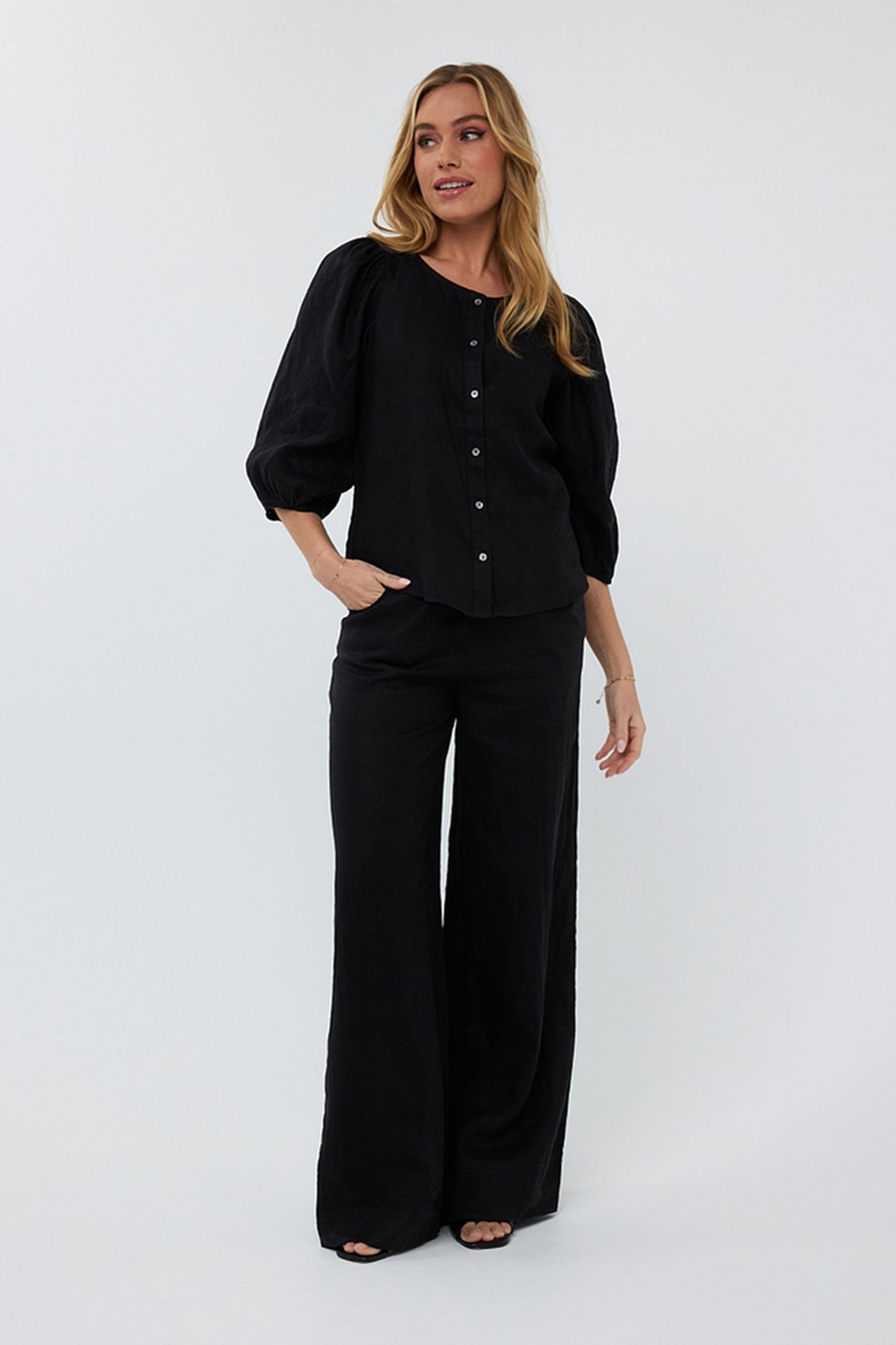 BLOUSE R-NECK LINEN BLACK 2