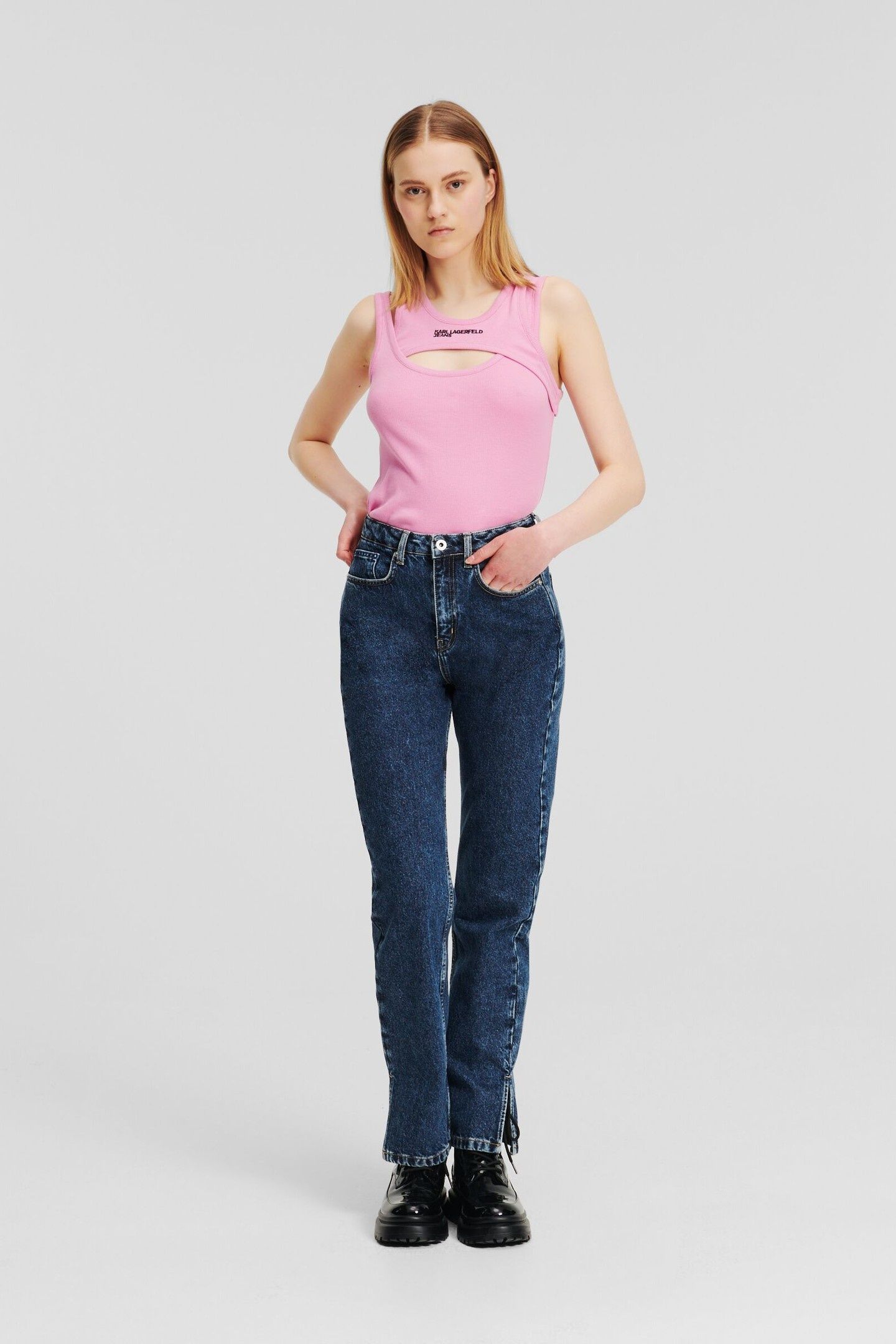 STRAIGHT W/ SLIT DENIM WASHED STONE BLUE 1