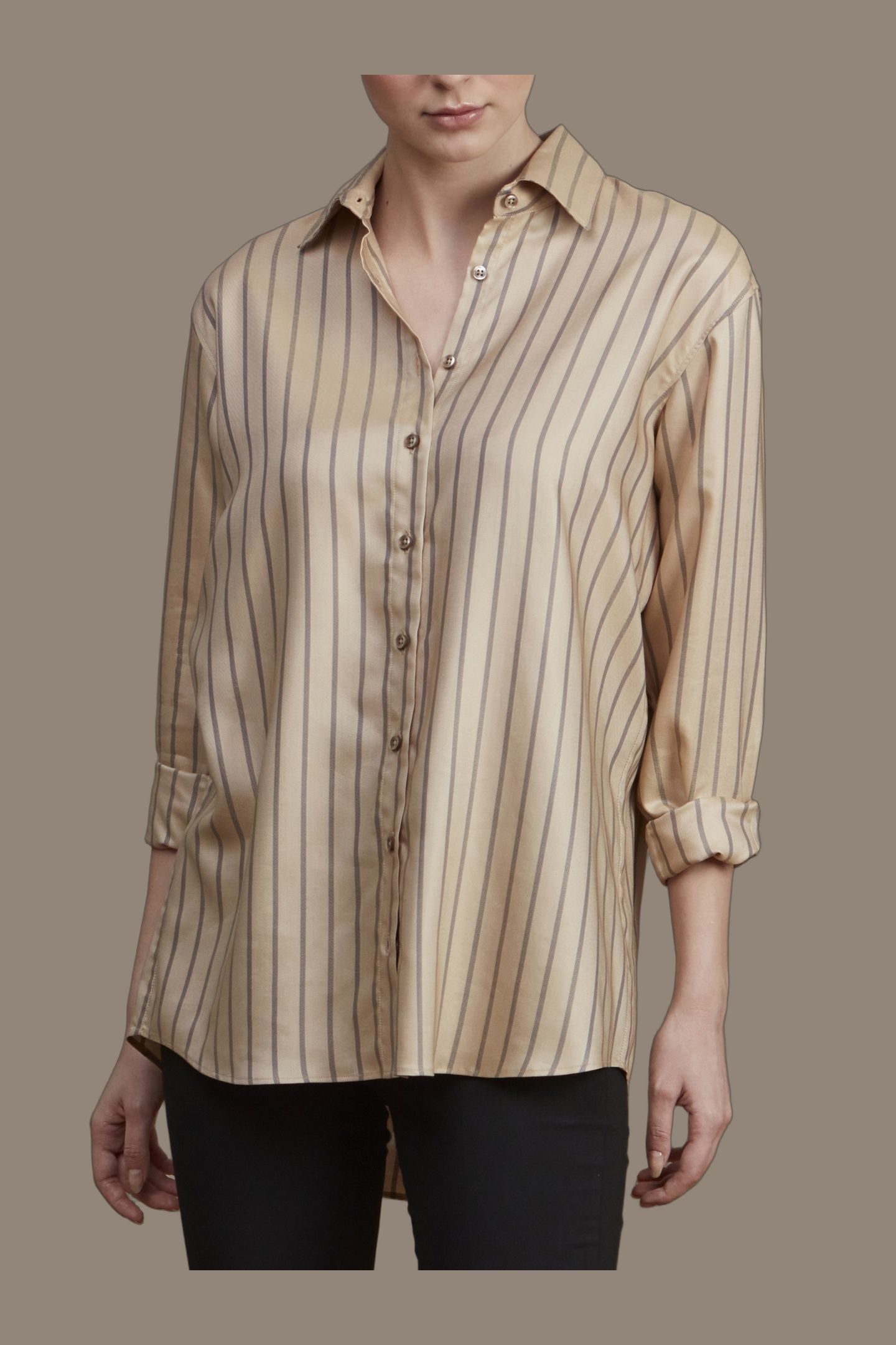 DINA SHIRT, LONG BEIGE STRIPE 1