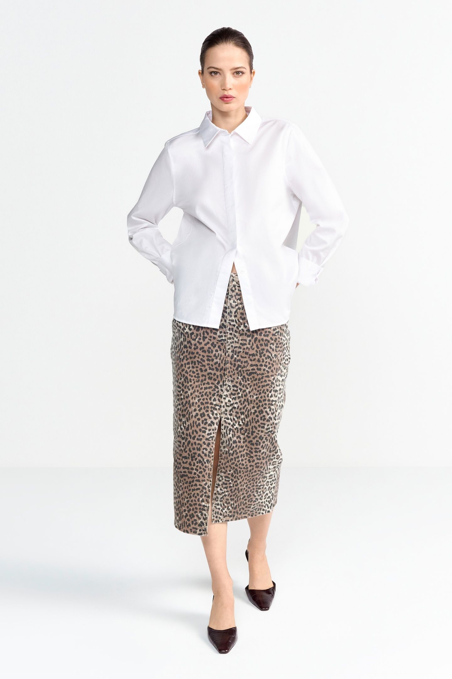 LONG LEOPARD PRINT DENIM SKIRT CAFFEE LATTE 2