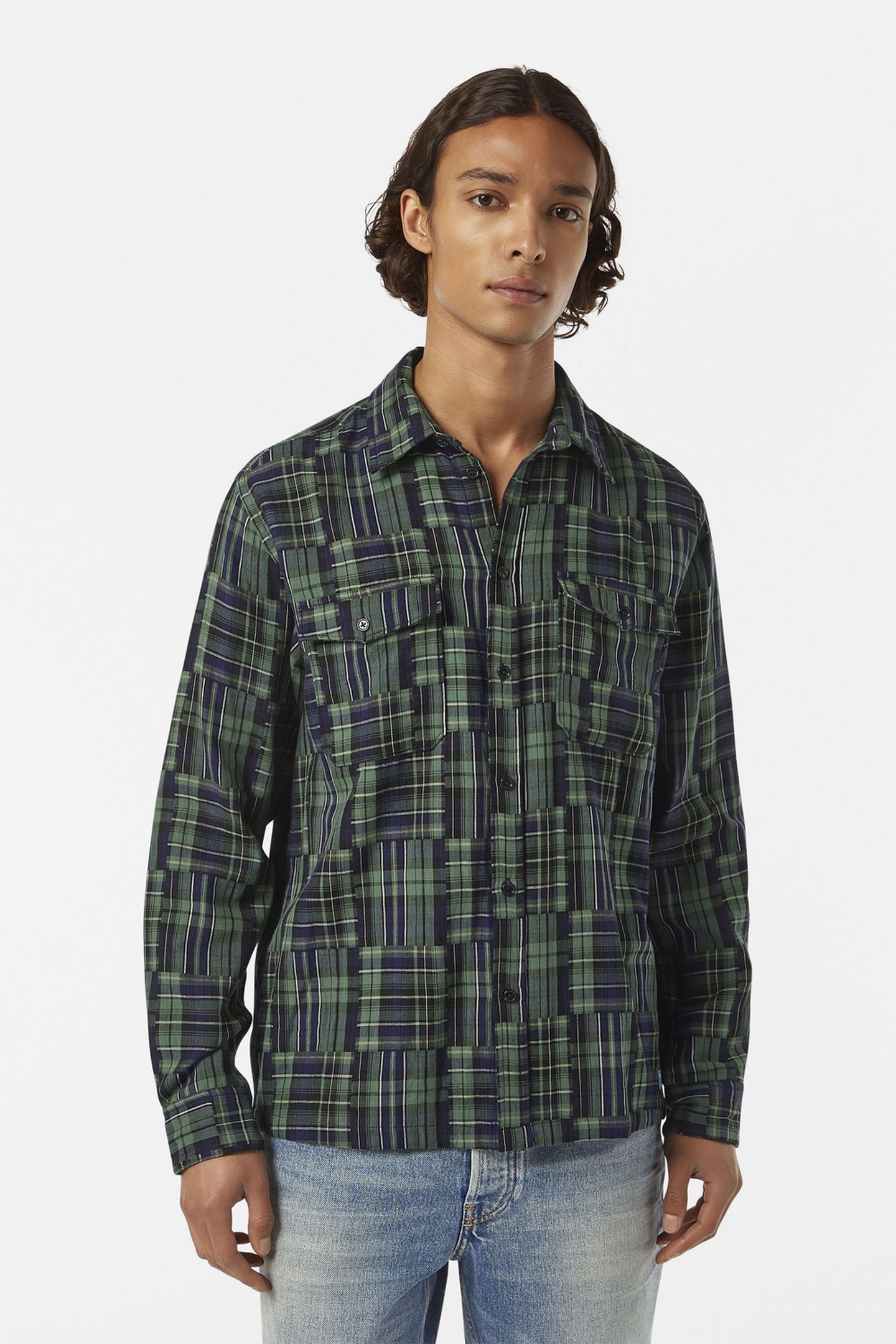 RELAXED FIT PATCHWORK SHIRT NAVY CHECK 2