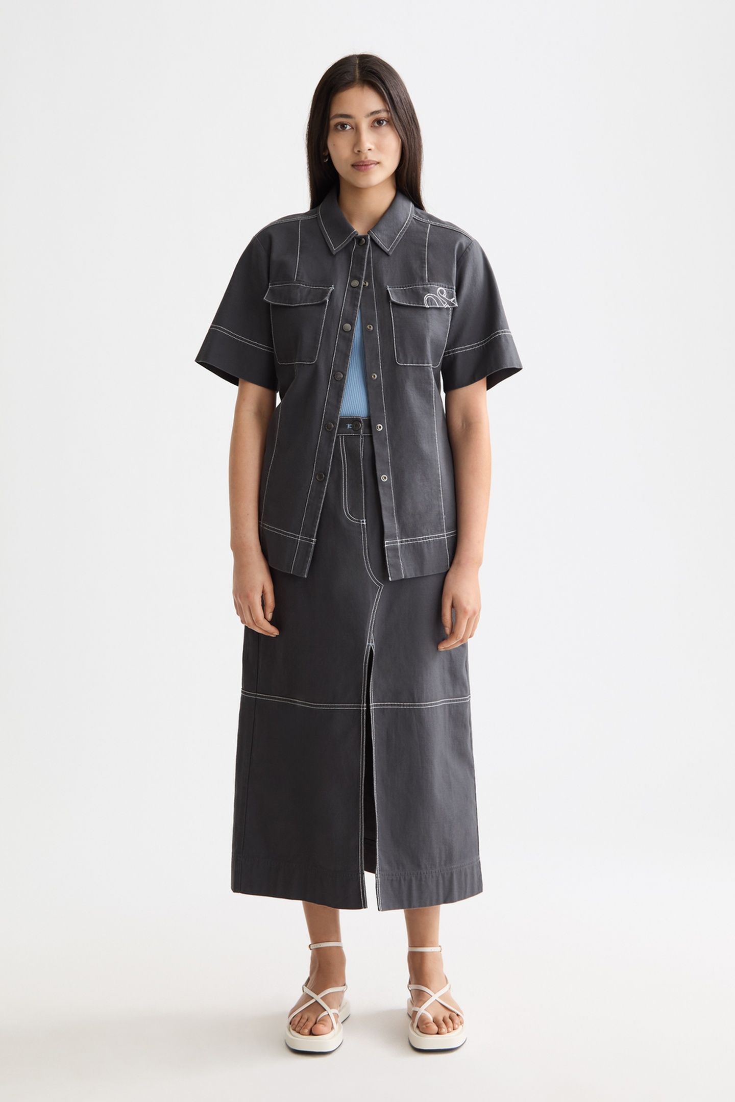 WORKWEAR MIDI SKIRT WITH FRONT SLIT CHARCOAL ART 3